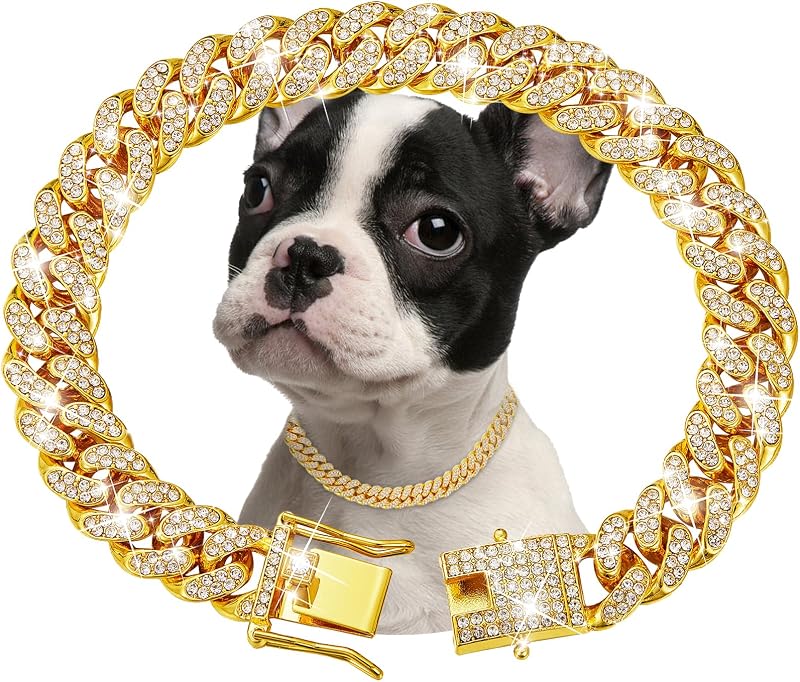 Coleira para Cães e Gatos em Corrente Cuban Link Dourada com Zircônia 13 mm fengco – 35,56 cm