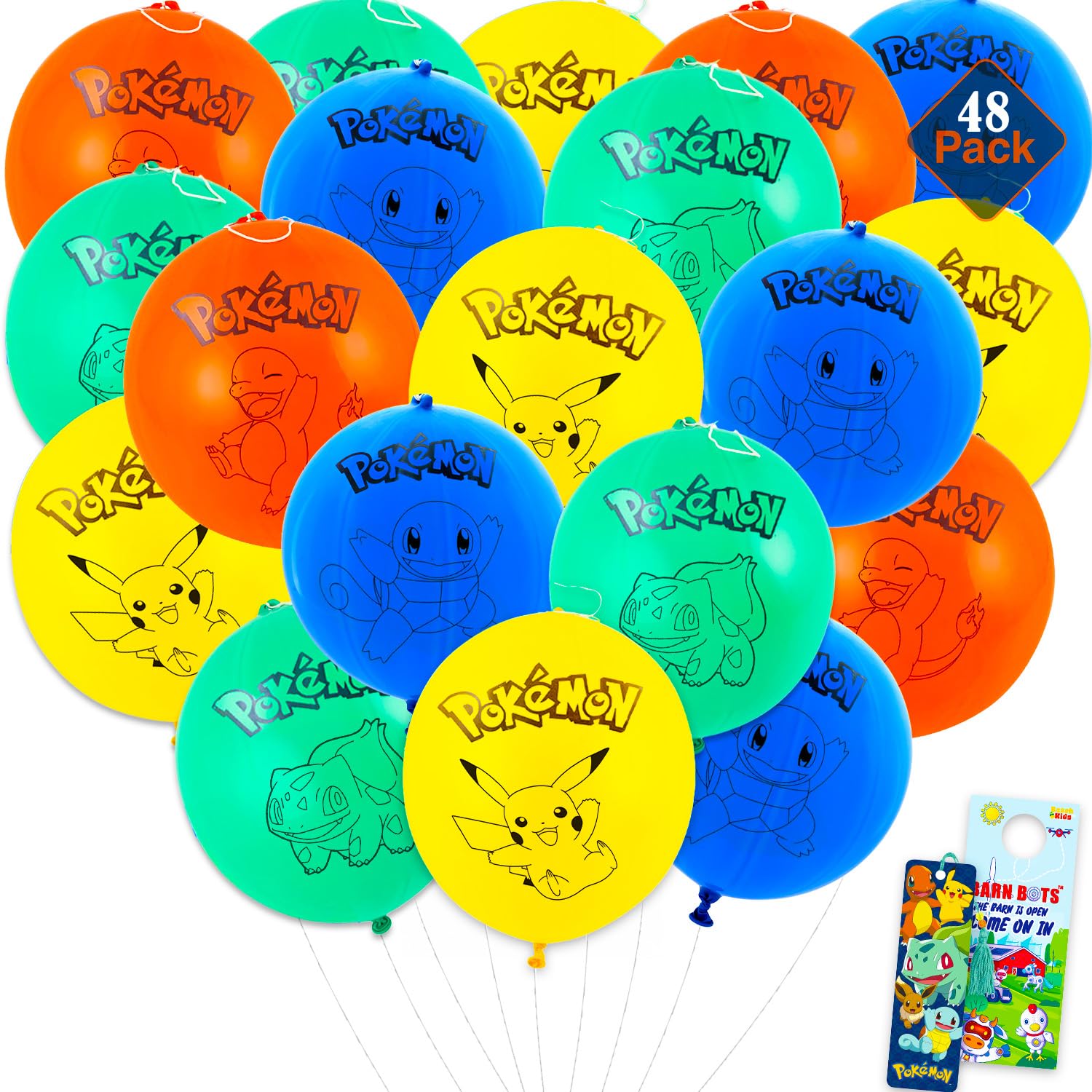 48 Pack Pokemon Punch Balloons Set - Bundle with Decorative Balloons Featuring Pikachu, Bulbasaur, and Squirtle, Plus More | Pokemon Decoration for