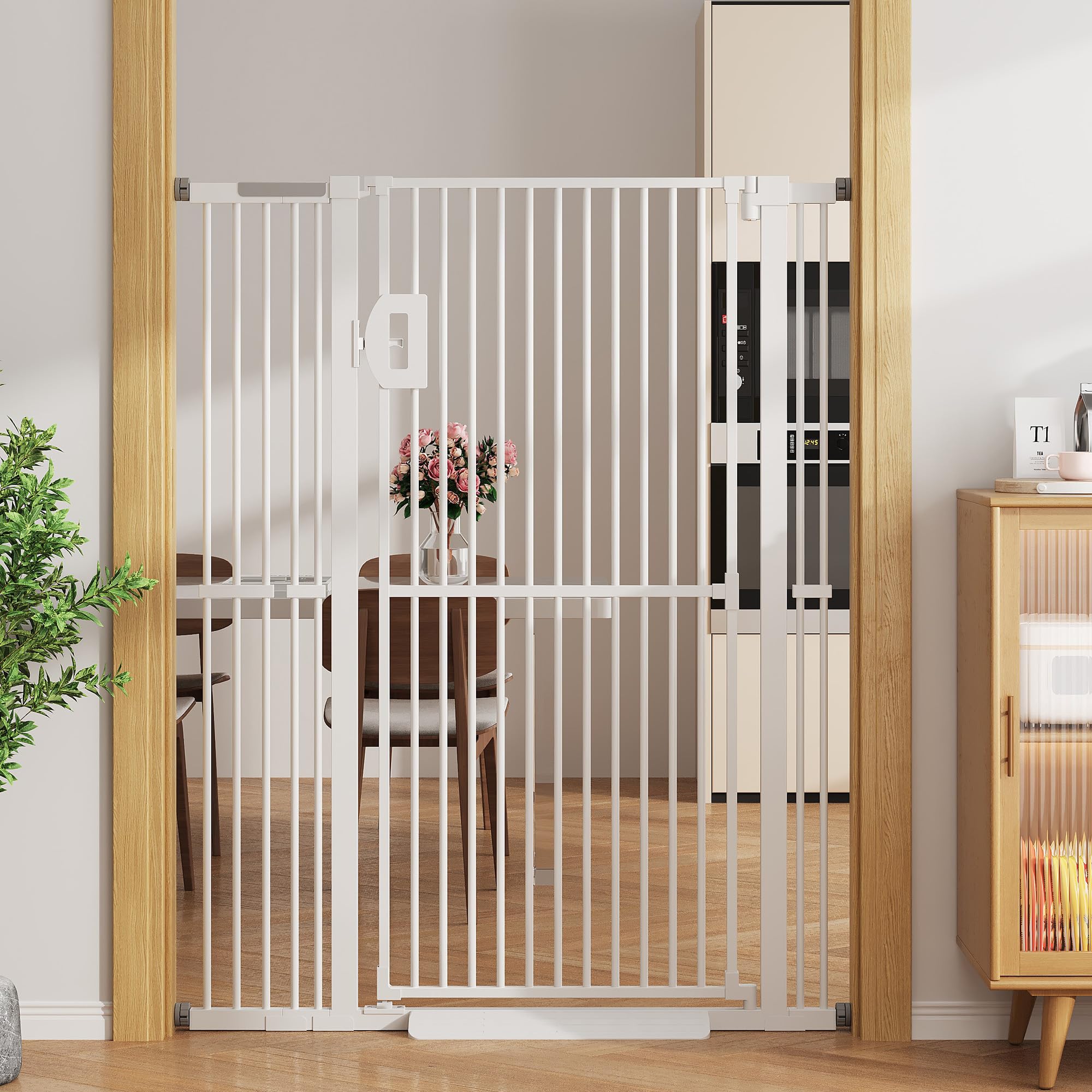 Jekriuet 57" Extra Tall Pet Gate, Auto Close Dog Door Pressure Mounted No Drilling for Doorways, Hallways, Stairs, Expandable 27.5"-38.5" Wide, Narrow 1.18" Spacing for Small Dogs & Puppies, White - 2
