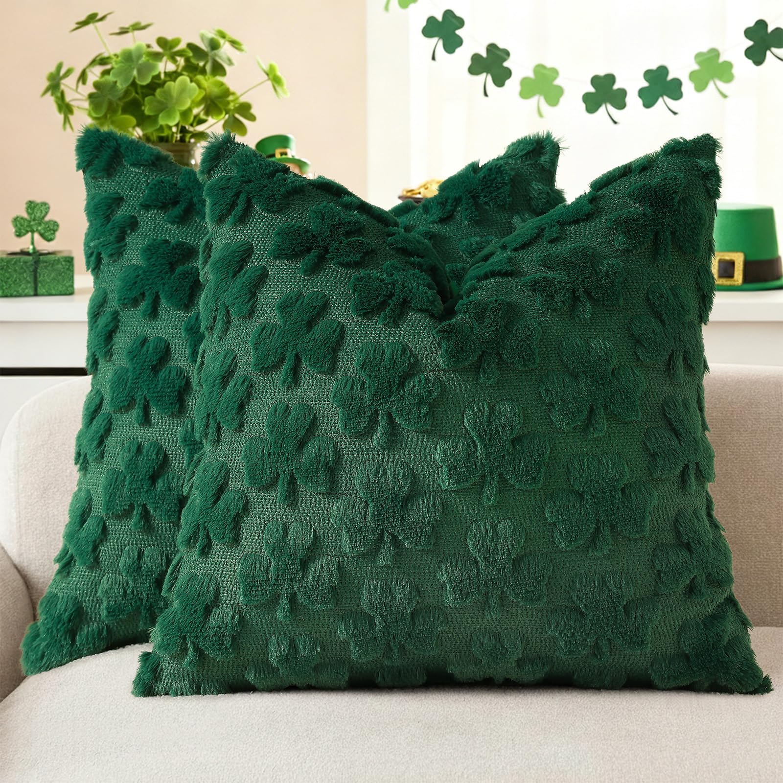 decorUhome Faux Fur Throw Shamrock Green Pillow Covers 18x18 Set of 2