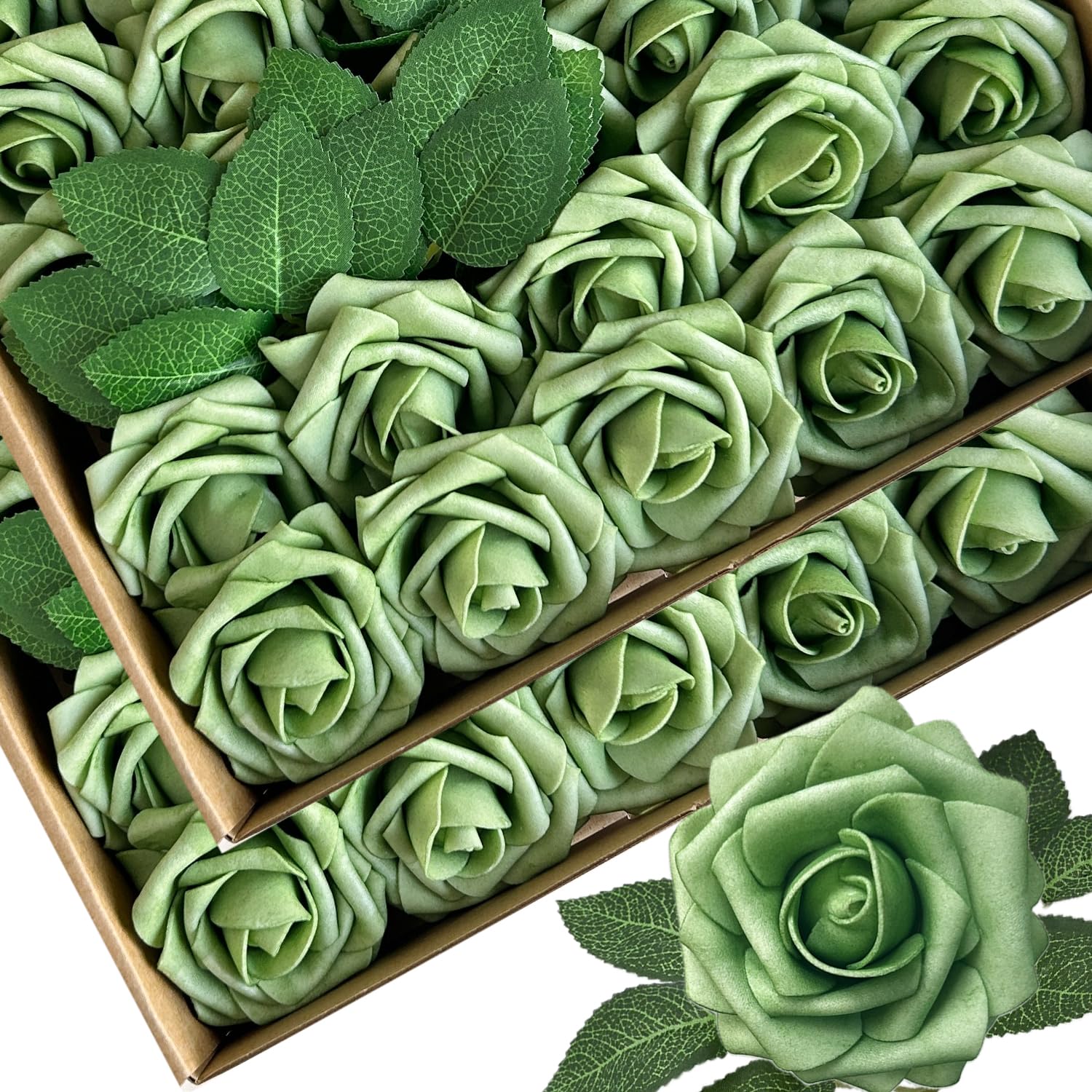50pcs Artificial Flowers Elf Green Foam Fake Rose with Stems 12 Leaves Real Looking Light Green Faux Roses for Wedding Bouquets Bridal Shower