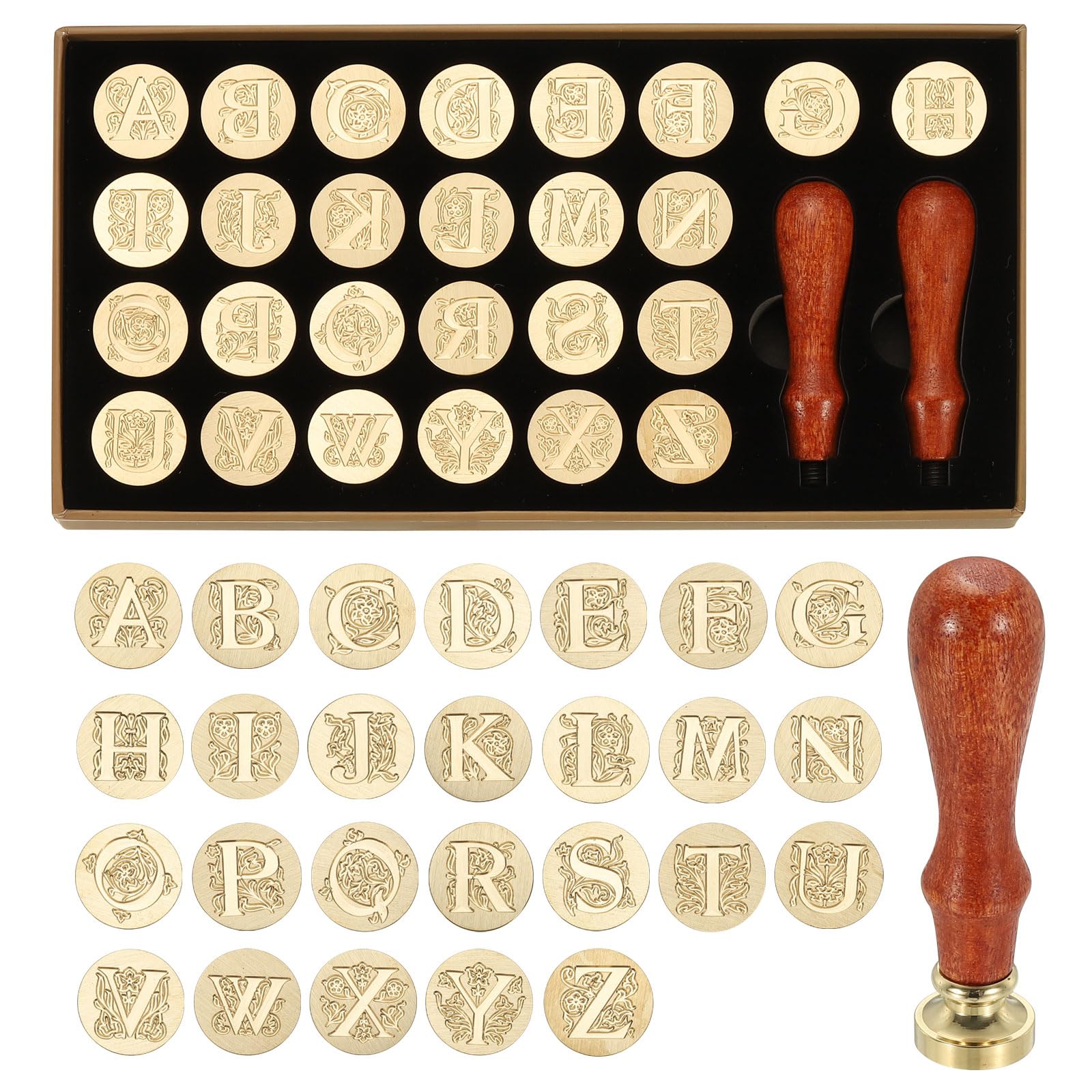 PATIKIL 26 Letters A-Z Alphabet Wax Seal Stamp Kit, Vintage Sealing Stamp with 2pcs Wooden Handles Gift Box for Wedding Invitation, Party, Gift Wrap, Envelope Card, Style 8