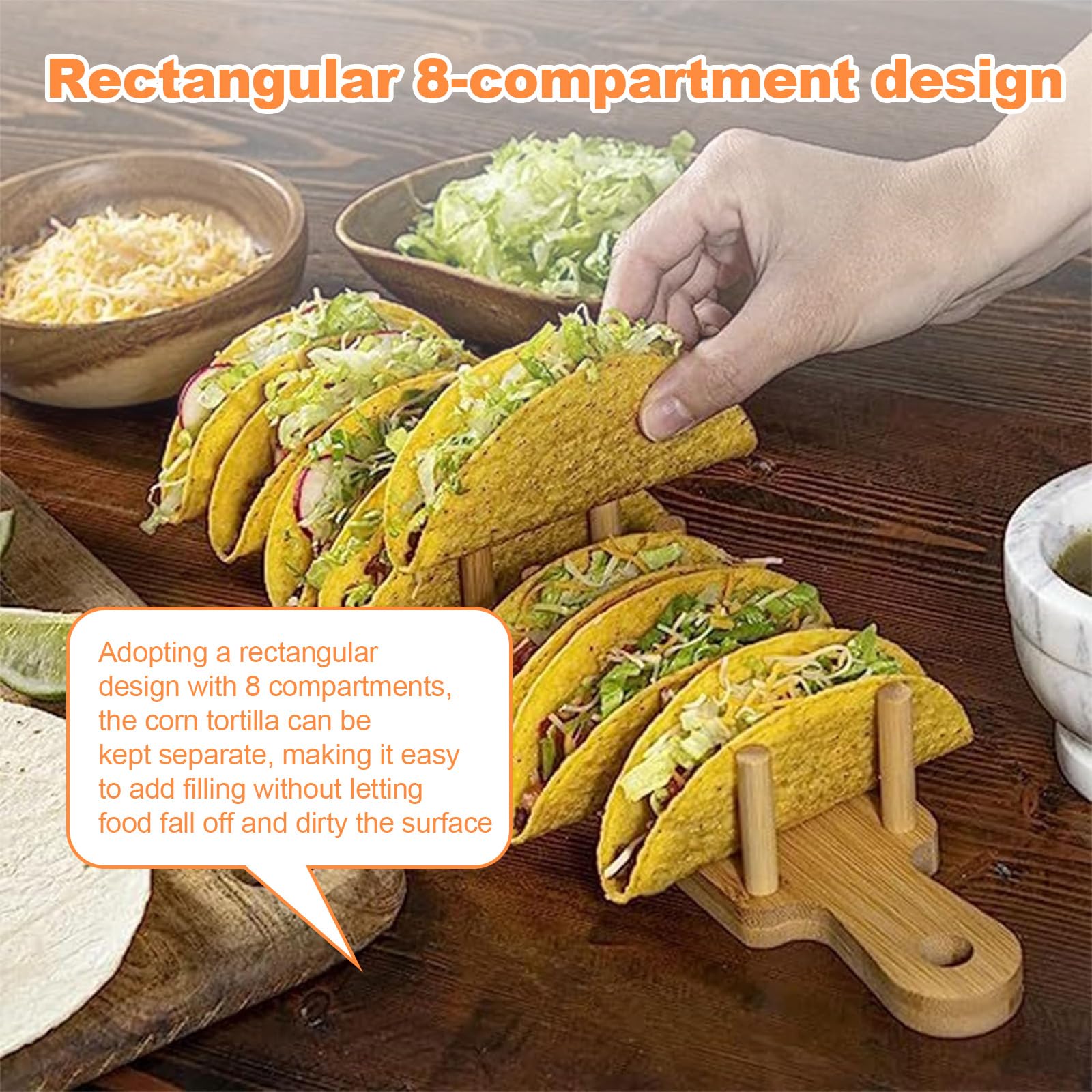 2 Pezzi Supporti Taco in Legno, Porta Tacos, Vassoio per Tacos, Vassoio per Burritos, Struttura Robusta 8 Posti, 2 Pinze Incluse, per Tortillas, Hot Dog, Panini, Torte e Pane