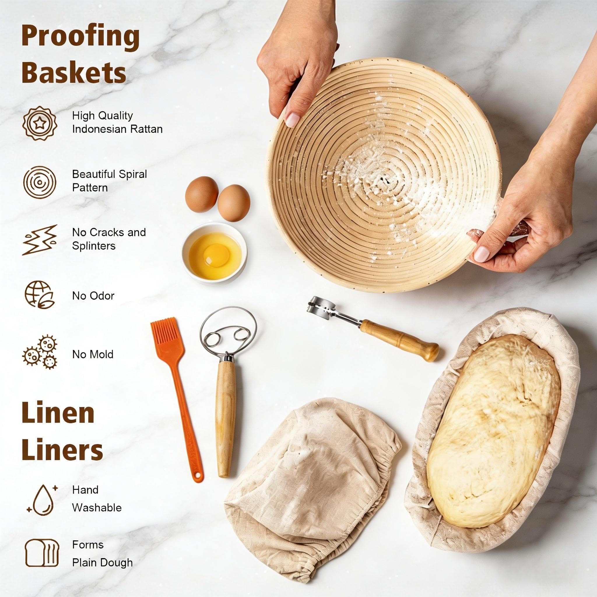 Banetones para Pan Kit, Cesta Fermentación Masa Madre con Banneton, Cuchillo para Pan, Mezcladora, 17 Piezas Kit Pan Casero para Principiantes, Sourdough Starter Kit Completo