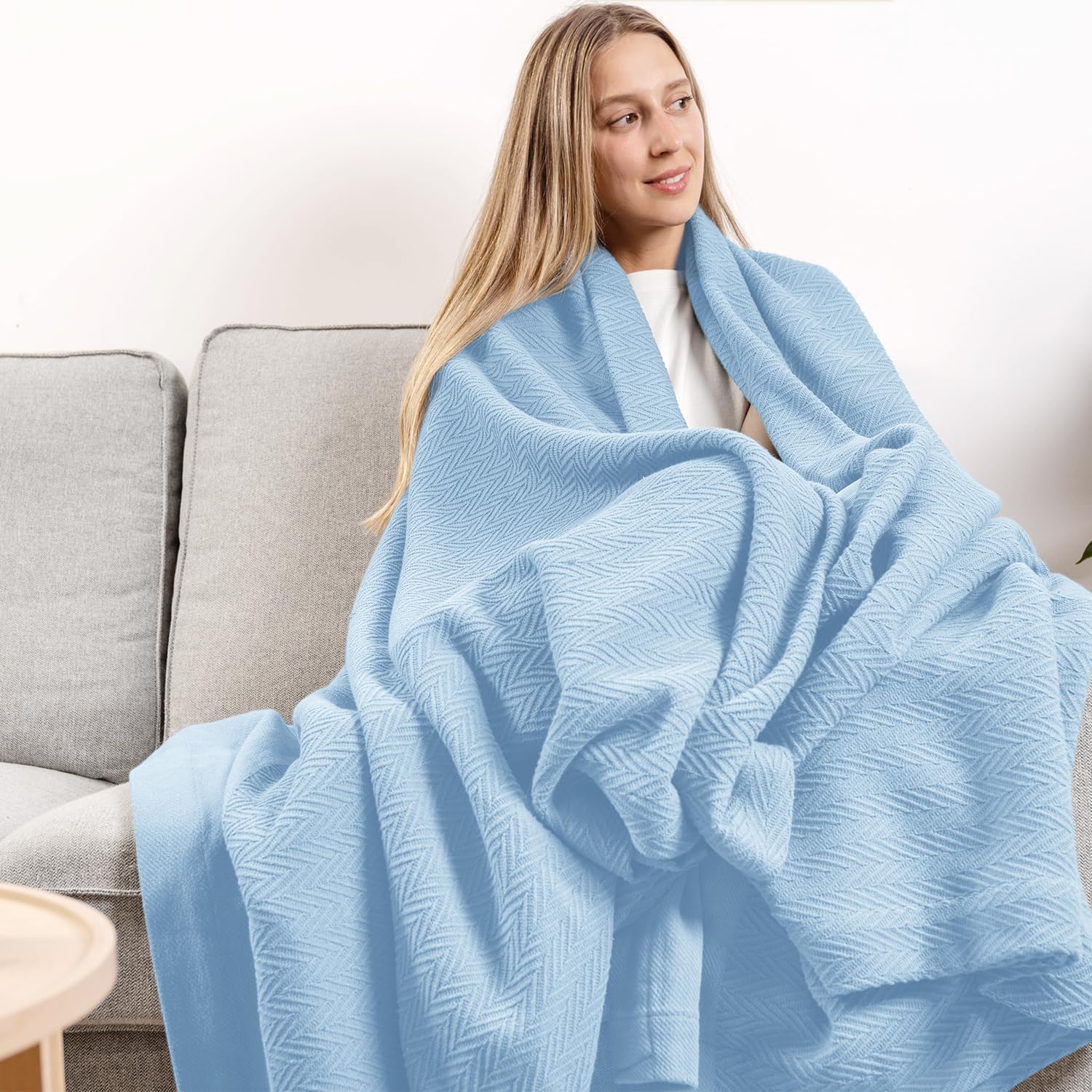 Carressa Linen Luxury Organic Cotton Blankets King Size | 100% Cotton King Size Blanket GOTS Certified (Light Blue) | Breathable, Lightweight, Soft &