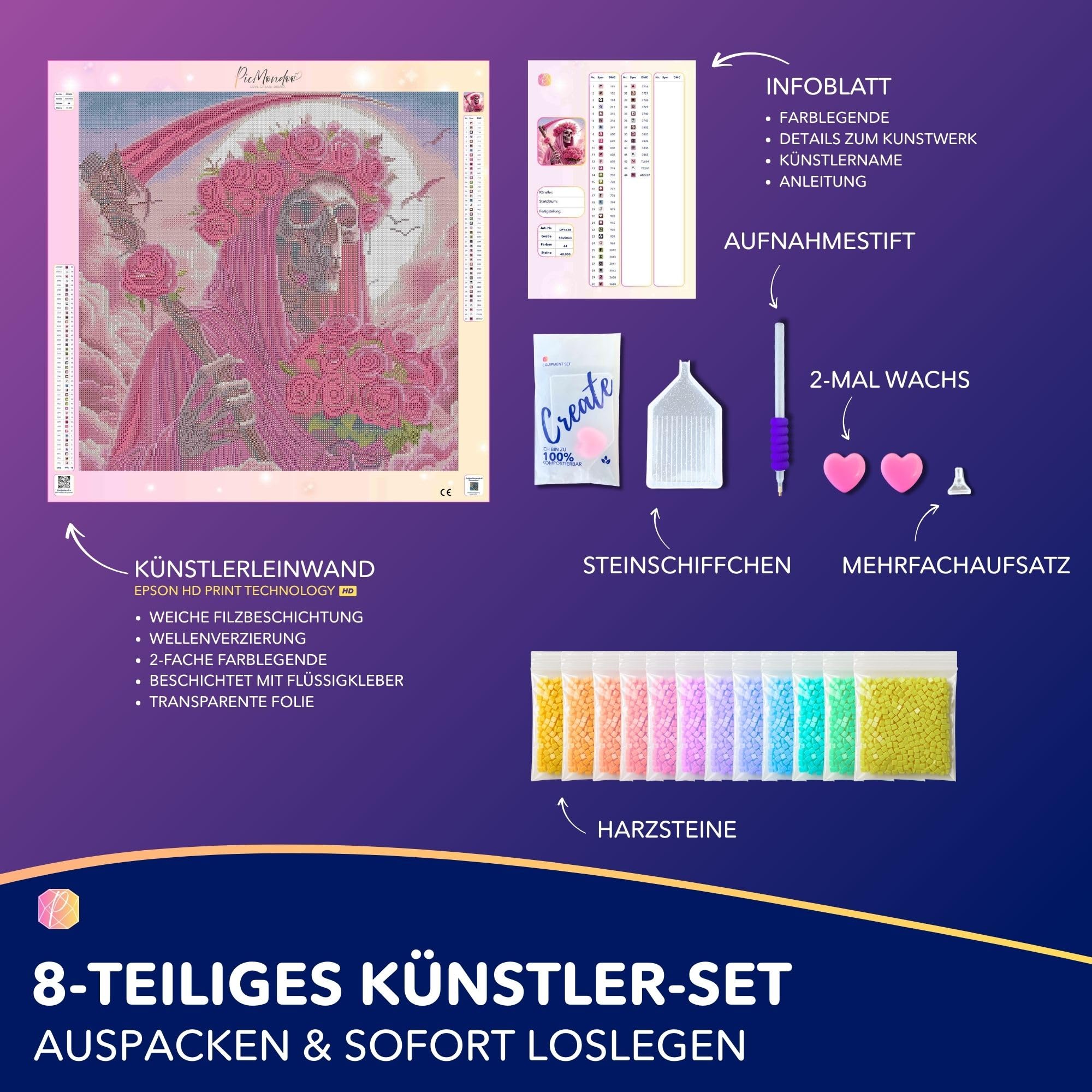 Picmondoo Diamond Painting - 50x50cm - Rosenträume | quadratische Harzsteine, AB-Steine, Strass- & Metallicfarben, klares Raster, Stift, Wachs & Schale für entspanntes DIY