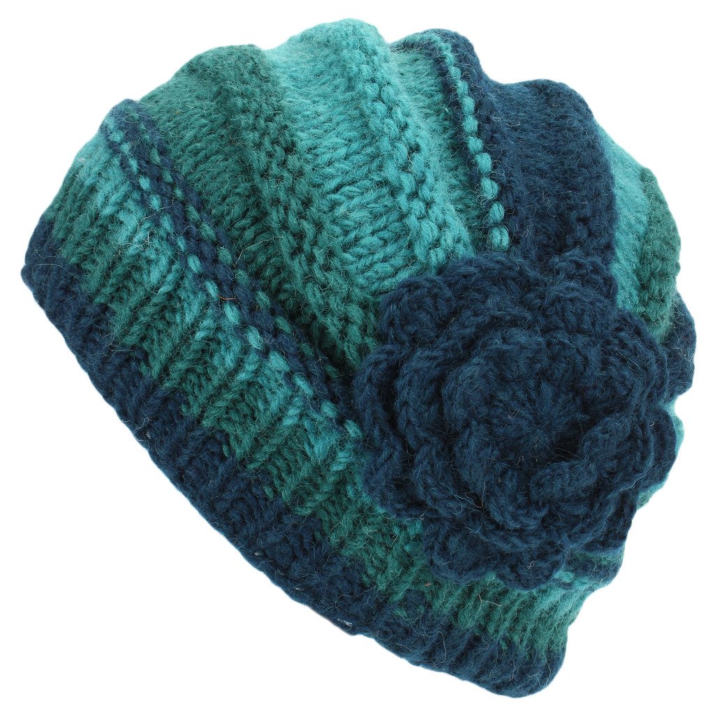 Loud Hats Teal Wool Knit Beanie Hat Shell Shaped with Crochet Flower Applique
