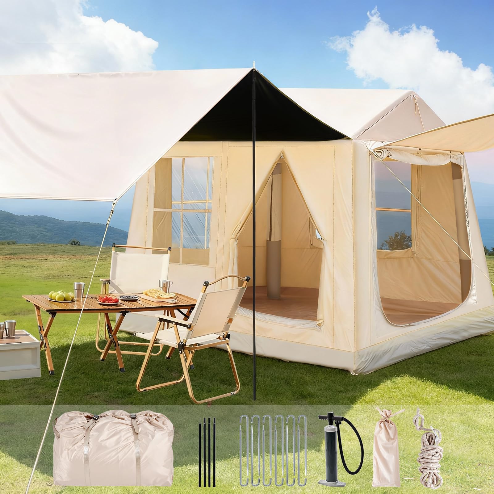 Afitdon Inflatable Camping Tent with Fireplace Opening & Roof Window, Inflatable Tent for 2-10 People with Air Pump, Inflatable Tent Made of Waterproof Oxford Fabric for All Seasons, Quick Setup Air