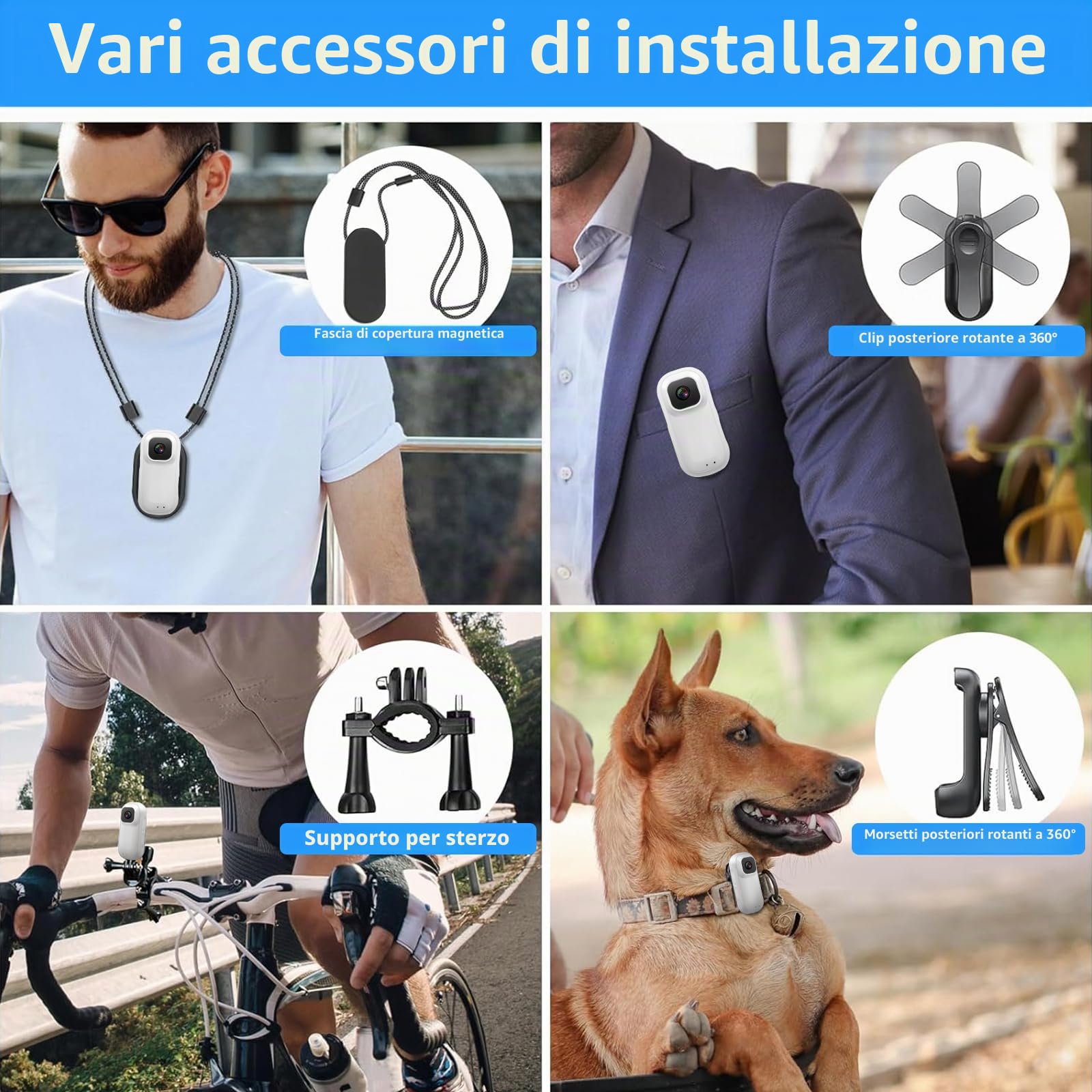 Mini videocamera d'azione 4K, con schermo girevole a 180°, magnetica, vivavoce, POV, con scheda da 64 GB, fotocamera subacquea impermeabile fino a 30 m, per ciclismo, moto, casco, animali domestici