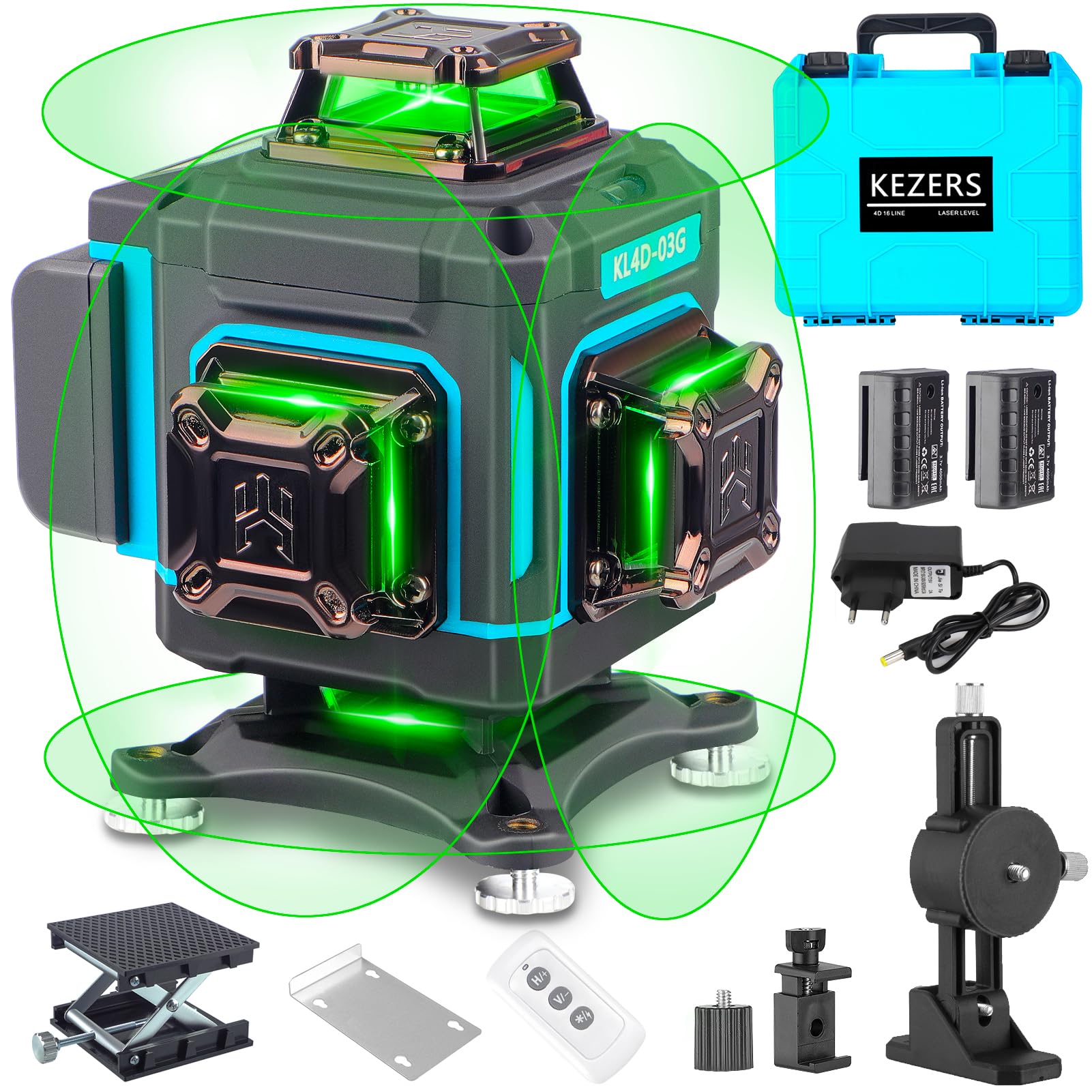 KEZERS Láser de Líneas Cruzadas Verde 4x360°, Nivel de Burbuja Láser Autonivelante 16 Líneas, Láser de Líneas Cruzadas con Pantalla, Mando a Distancia, Soporte de Pared, para Interiores y Exteriores