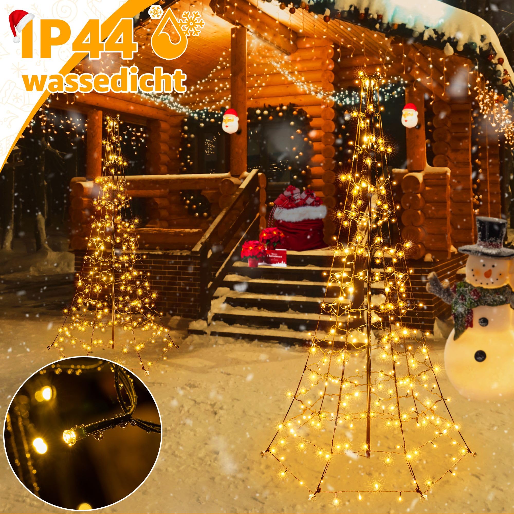 Ollny Weihnachtsbeleuchtung außen 202LEDs 180 cm Lichterkette Weihnachtsbaum, Timer dimmbar mit 8 Modi, IP44 Weihnachtsdeko mit Fernbedienung für Rasen Garten (Warmweiß)