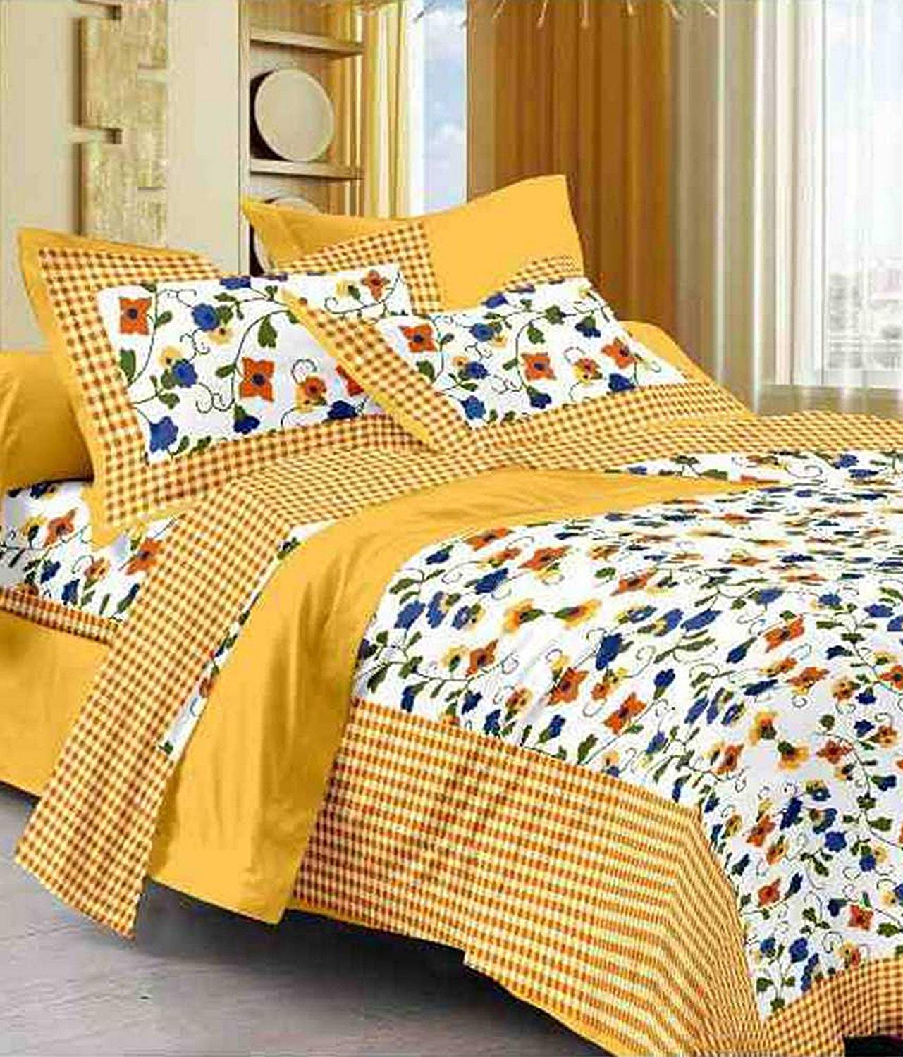 UNIBLISSCotton Rajasthani Jaipuri Traditional King Size Double Bed Bedsheet with 2 Pillow Covers - (Jaipuri_Bed23,Floral,Yellow)