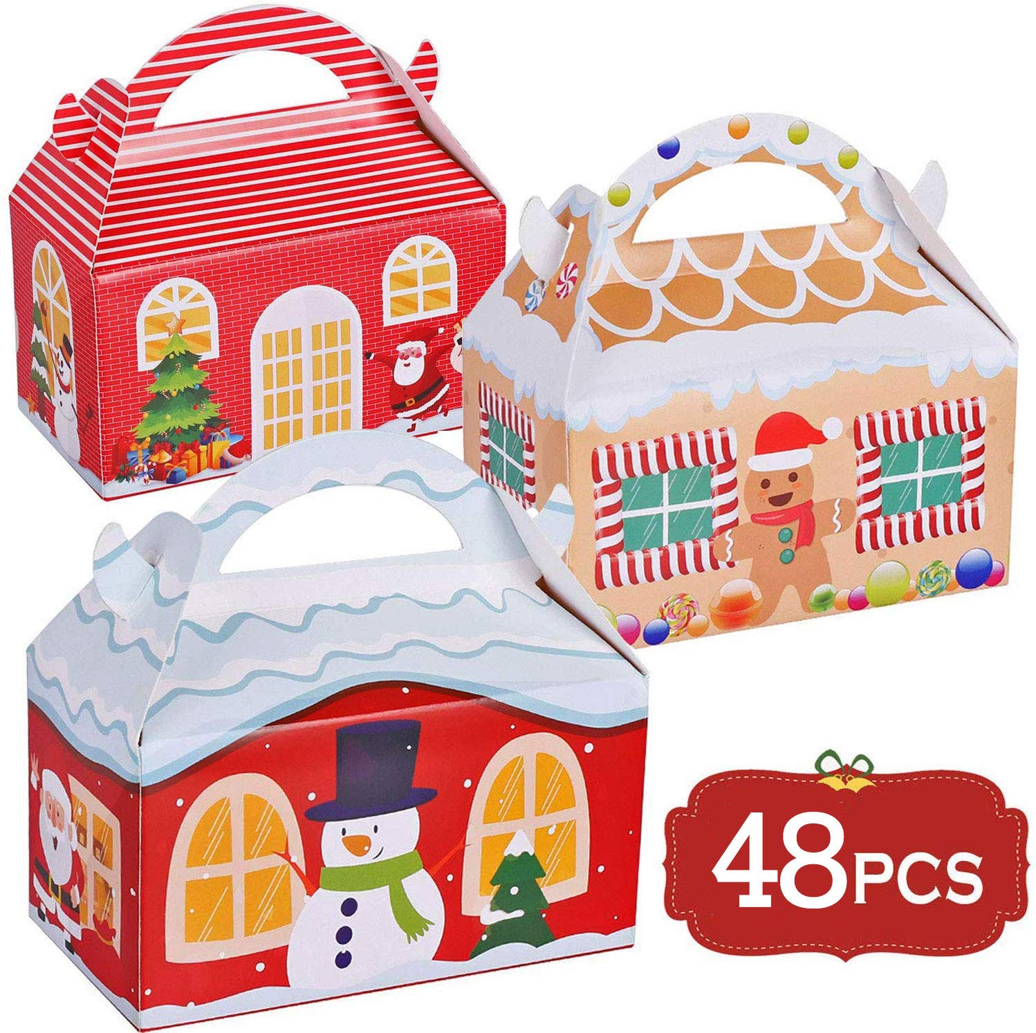 48 Pack 3D Christmas House Treat Boxes Goody Candy Bags Cardboard Snowman Santa Claus Xmas Candy Paper Gift Bags for Christmas Party Supplies