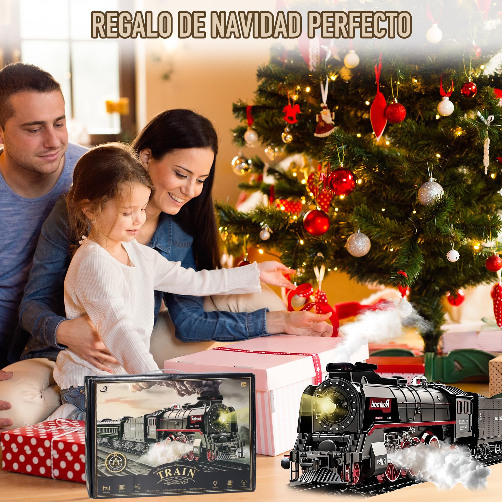 Tren Juguete, Tren Eléctrico Juguete Niños, Locomotora de Vapor Eléctrica con Humo Luminoso y Sonido, Cumpleaños para Niños