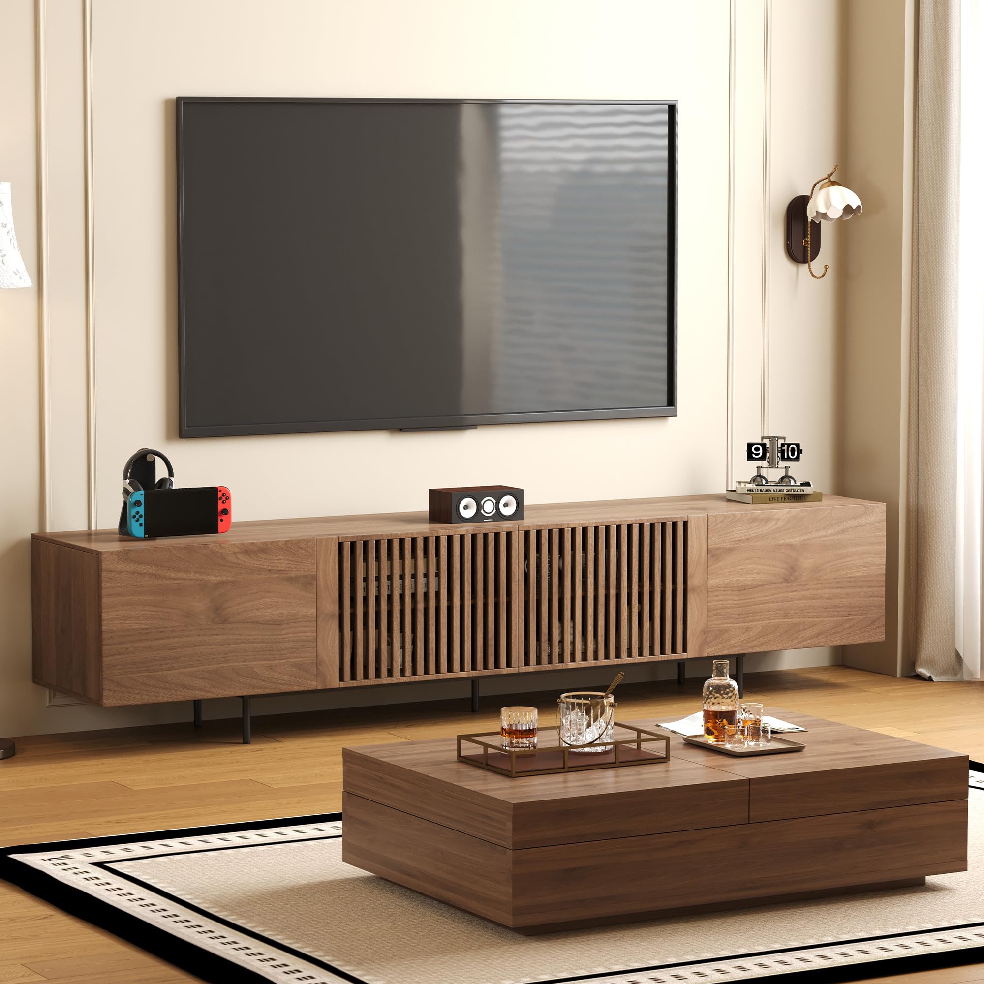 NessCarsti Mid-Century Modern TV Stand & Expandable Coffee Table Set, Walnut Finish, Stylish Storage Combo for Living Room or Bedroom (70.87" TV Stand