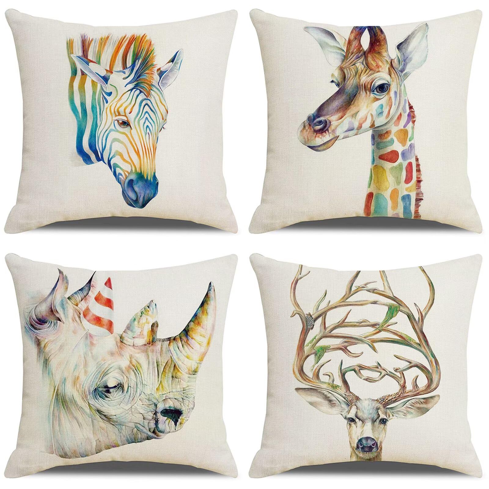 Juego de 4 Impermeable Funda de Cojín Animales coloridos,65x65cm Moderno Suave Transpirables Lino Fundas de Almohada Cojines Decorativos con Cremallera Oculta para Exterior Sofá Cama Coche Hogar