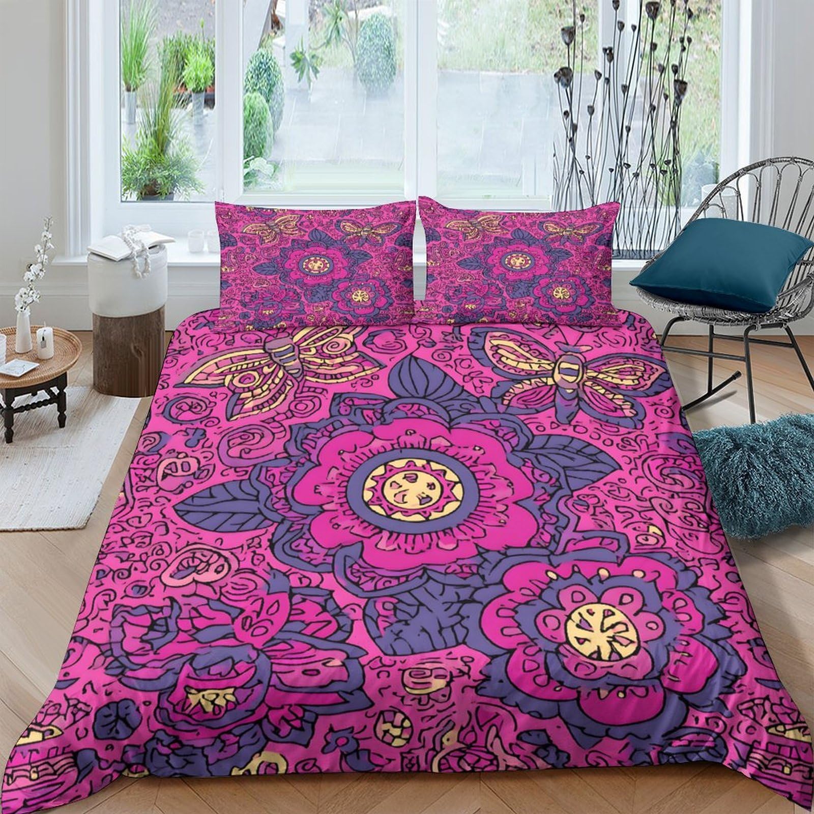 Ctjqhvkz Style-3 3D Printed Floral Mandala Fitted Sheet Microfiber Vibrant Pink Purple Abstract Bed Cover For Bedroom Guest Room Single（135X200cm）