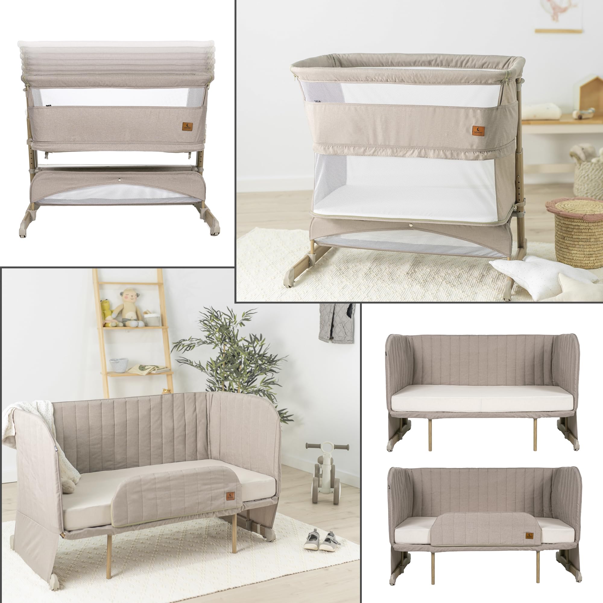 Olmitos – Cuna Bebe multifunción Colecho 4 en 1 Cama Infantil SOMNI evolutiva – Minicuna Convertible y Parque de Juegos 2 Niveles – Sofa Infantil Colchón viscoelástico 15cm con Barrera (Beige)