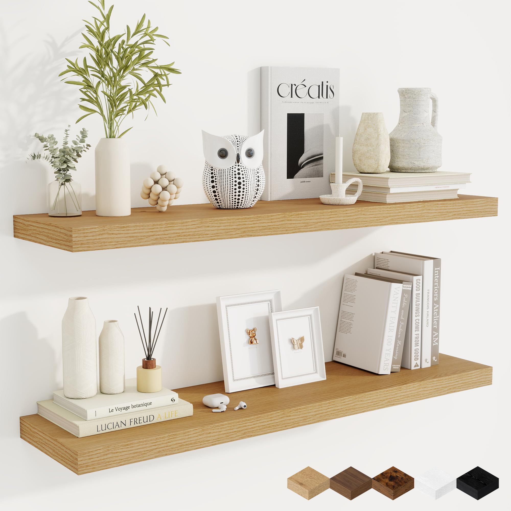 Fun Memories 40 Inch Oak Floating Shelves, 9.3 Inch Deep Wall Shelves for Living Room|Bedroom|Kitchen, Rusitc Wall Mounted Bathroom Shelves 2 Pack,