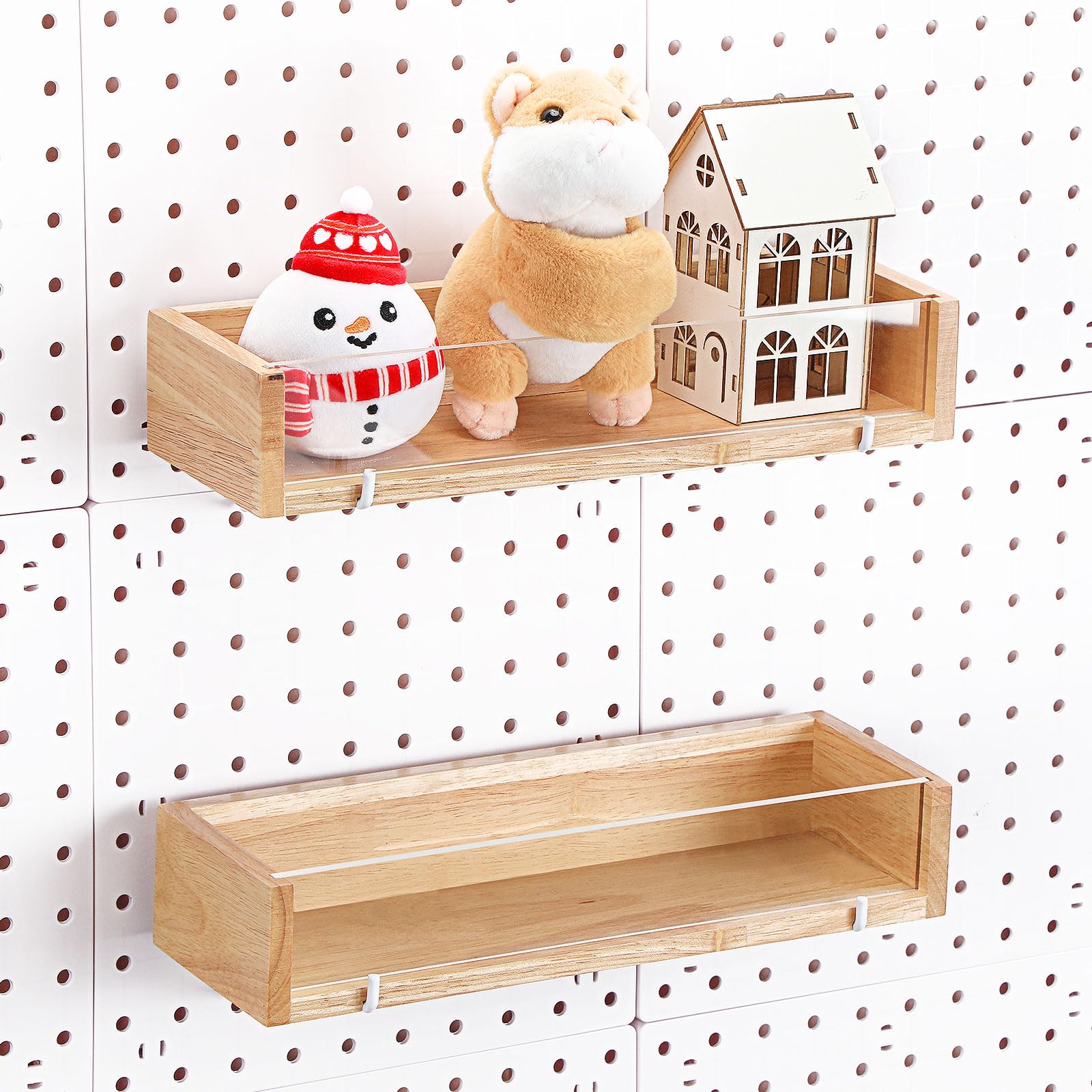 Marsui 2 Pcs Pegboard Shelf Wood with Acrylic 12.2 x 3.94 Inch Display Shelves Brackets with Metal Hooks Heavy Duty Pegboard Accessories for Storage