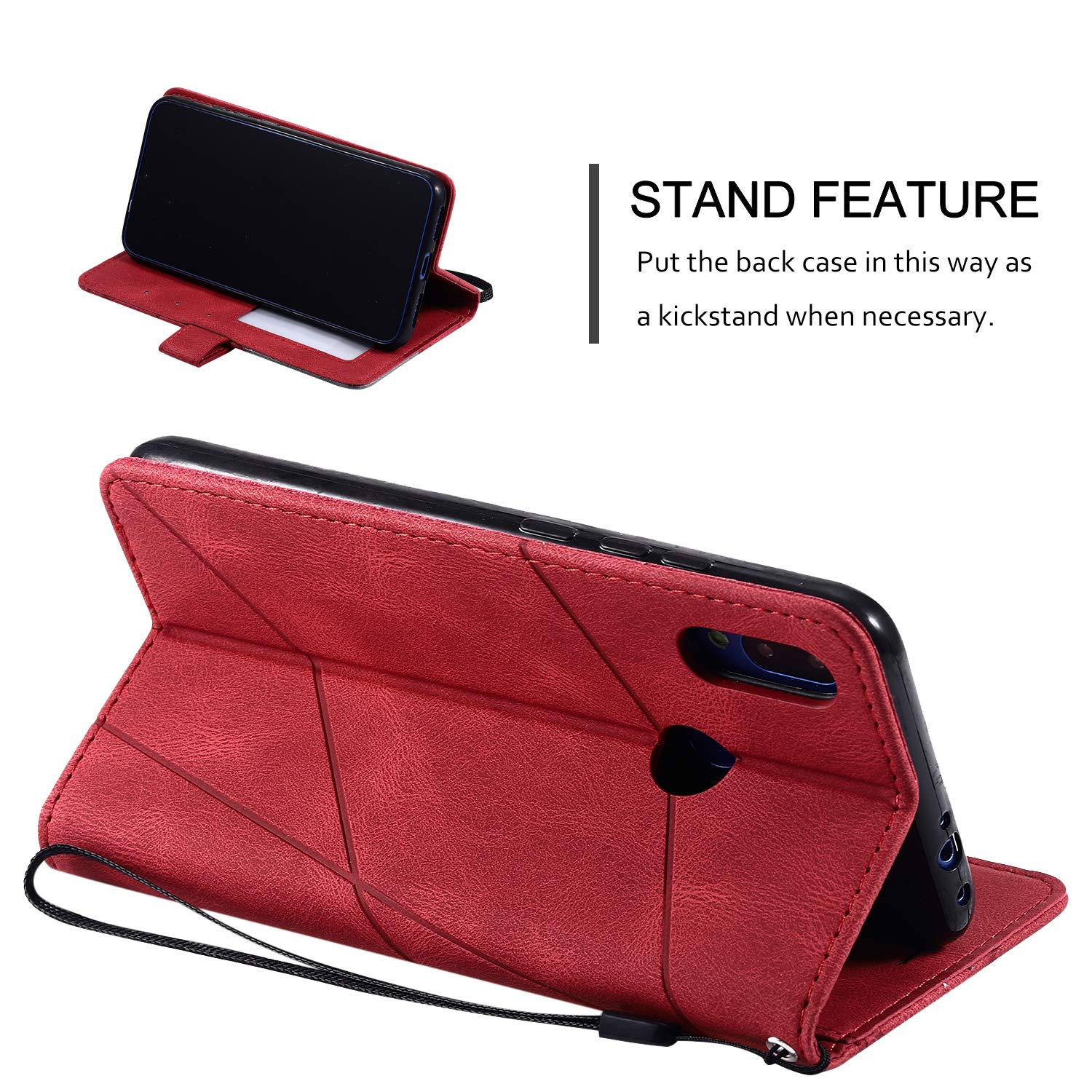 Custodia Flip In Pelle Per Huawei P Smart 2019 / Nova Lite 3 – Con Portacarte E Cordino – Rossa