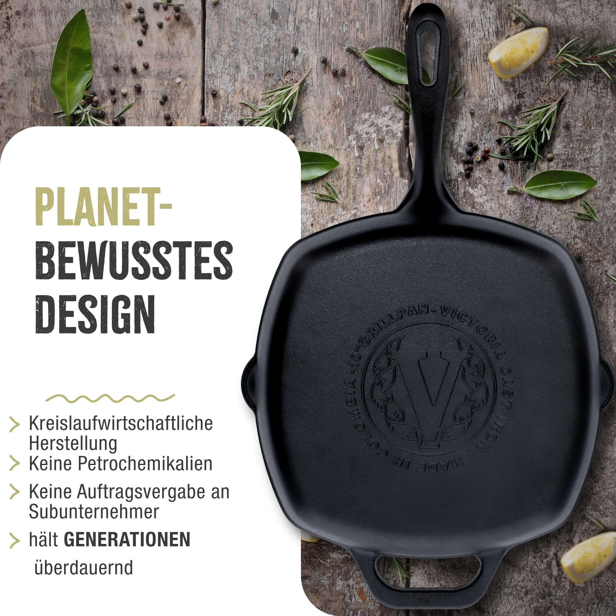 VICTORIA Grillpfanne Emaillierte Gusseisen Induktion 25x25cm Bratpfanne Geeignet für Feuer, Grill, Backofen, Ceranfeld, Gas, Cast Iron Skillet, Toxic Free Kochgeschirr ohne PTFE oder PFOA