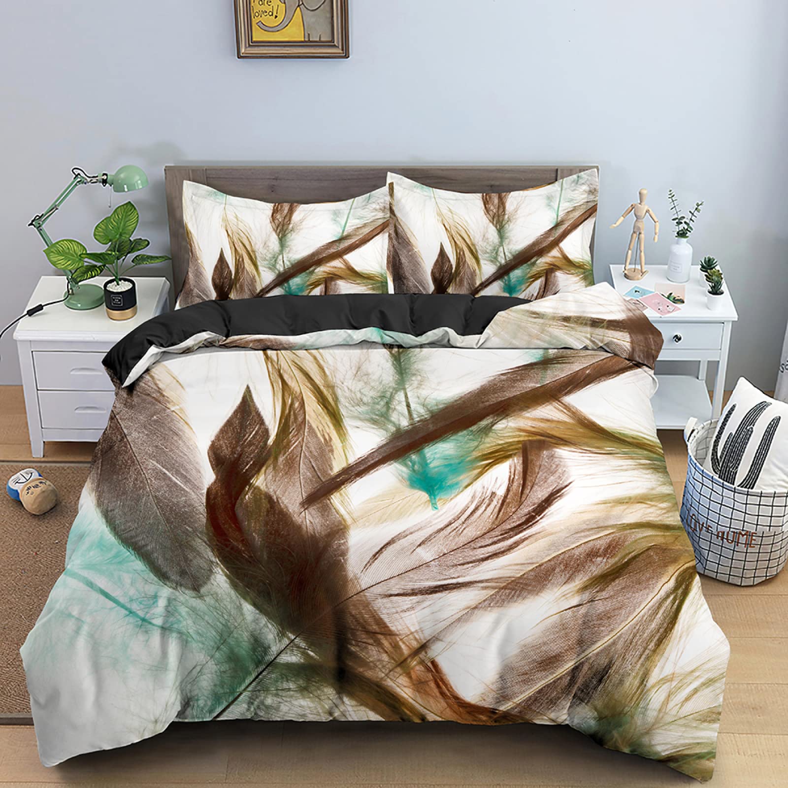 Housse de couette 160x200 microfibre avec 2 taies d'oreiller motif plume marron