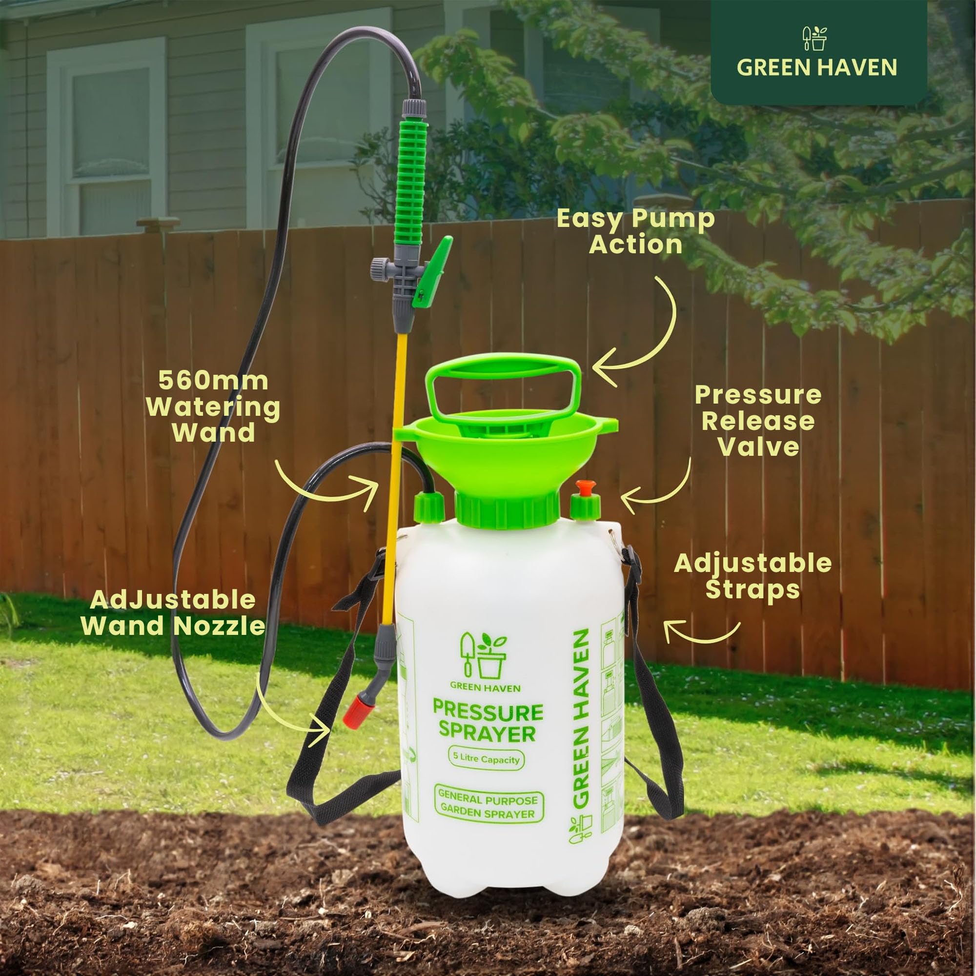 Green Haven 5 Litre Garden Pressure Sprayer – Pump Action Sprayer with Adjustable Nozzle & Carry Strap – Weed Killer, Pesticide & Fertiliser Sprayer — view 2
