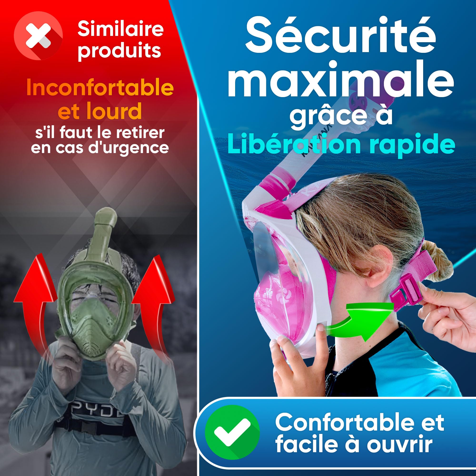 KAIMANA® Masque Plongée Adultes et Enfantes | Snorkeling Intégral Anti-Buée CO2 Safe | Tuba Adulte | Sac de Transport Inclus