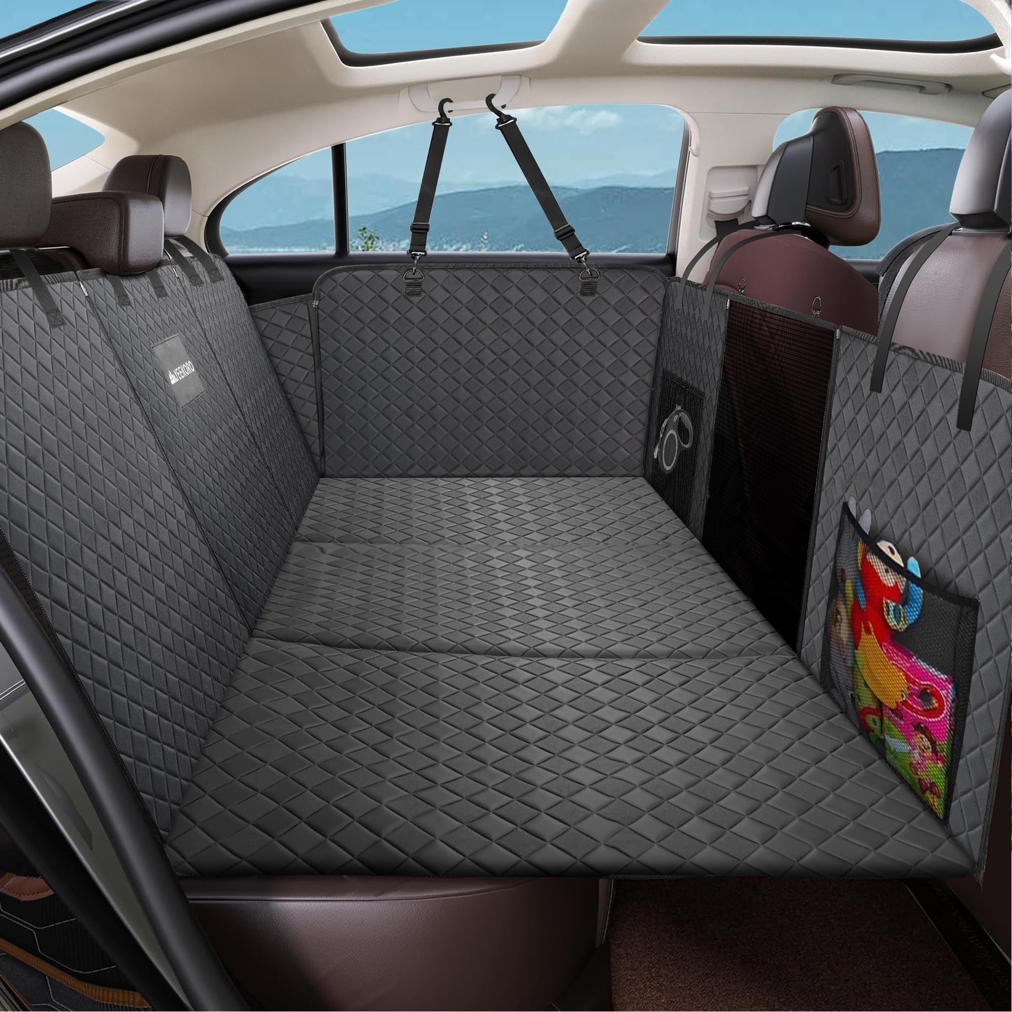 YEEKORO Back Seat Extender, Heavy Duty Car Seat Cover Holds 200kg, Large Hard Bottom Seat Extender, Waterproof Travel Pet Seat Covers with Mesh Window, Dog Hammock for Car & SUV (Black)