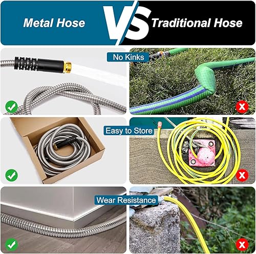 Miniatura 6 de Manguera de jardín de metal de 100 pies, manguera de acero inoxidable, manguera de agua con boquilla de 10 funciones, sin torceduras ni enredos,