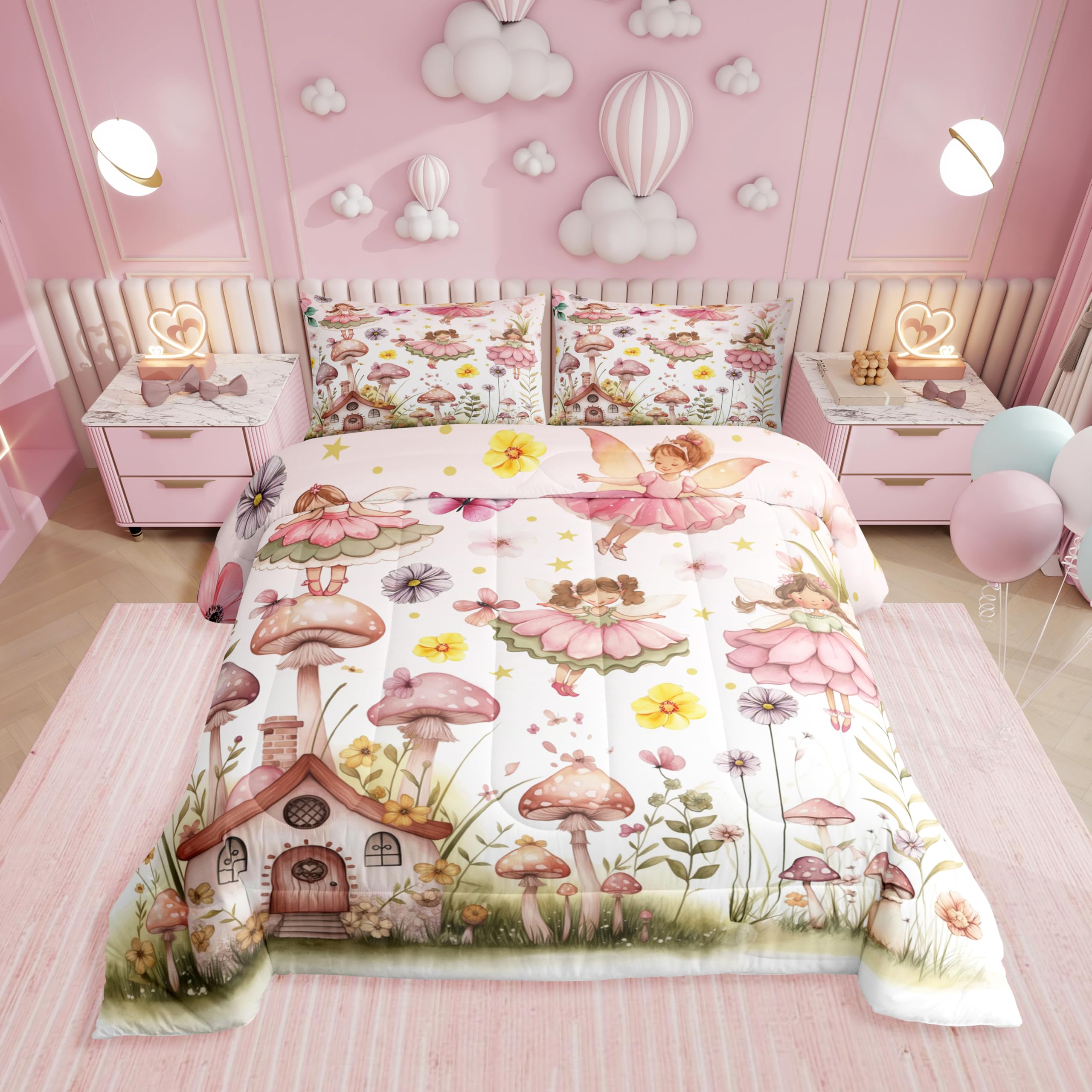 Erosebridal Pink Fairy Toddler Bedding Set,Flower Fairy Comforter Set for Girls Kids Room Decor,Mushroom Floral Quilt Bed Set Watercolor Butterfly Flowers Bed Comforter Sets with 1 Pillowcase