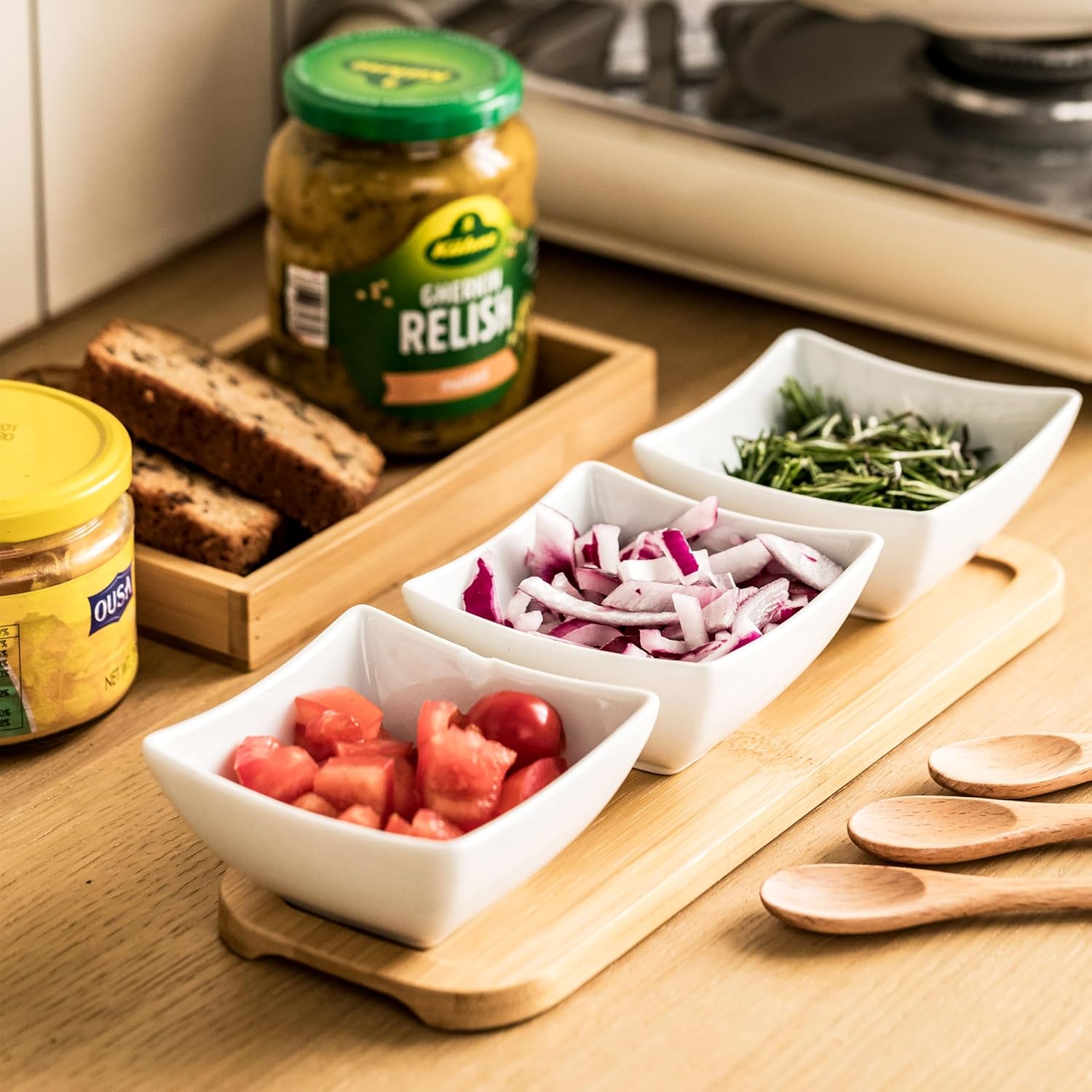 Sunnychicc 2 Sets Ceramic Chip And Dip Serving With Acacia Wood Tray And Spoons Serving Dishes For Entertaining 3 Dipping Bowls With Handles 3 Square - View #12