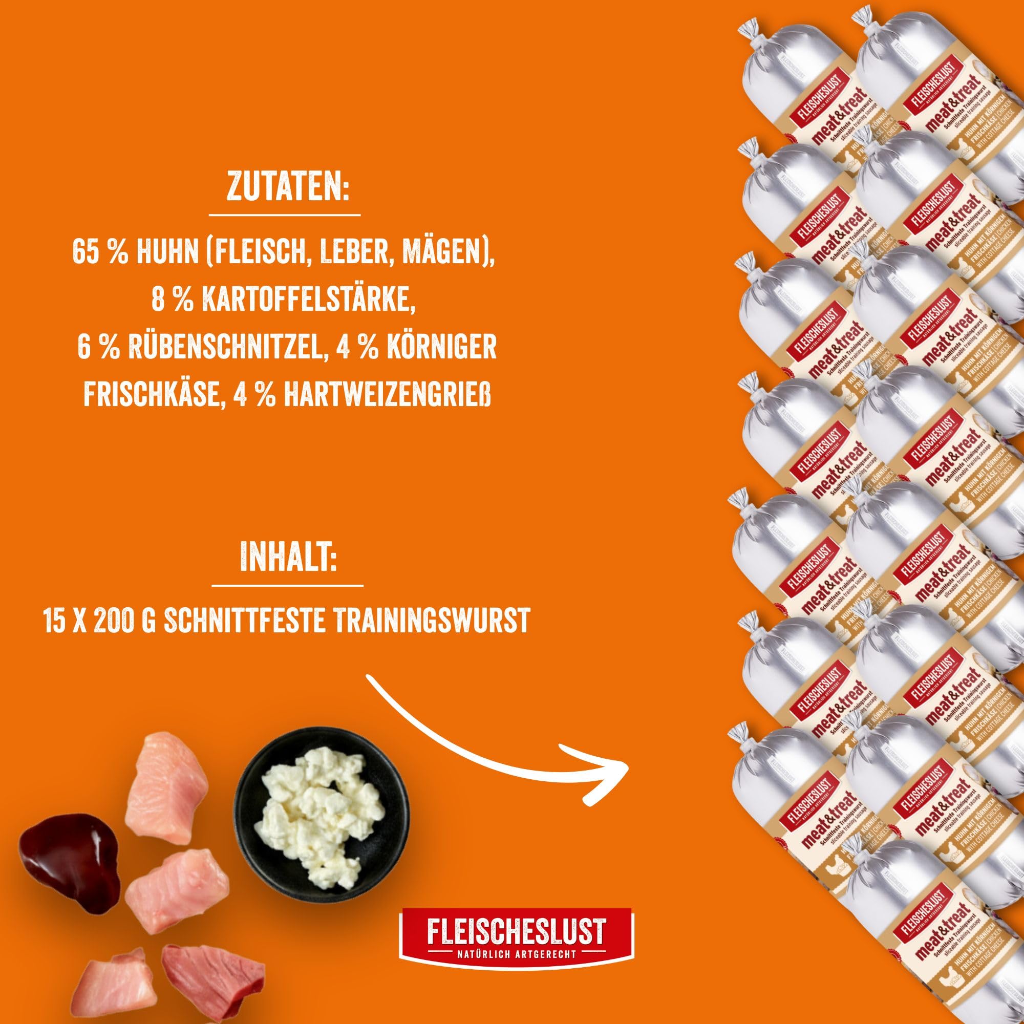 Fleischeslust Salsiccia per cani, Meat&Treat, pollo con formaggio fresco granulato (15 x 200 g), salsiccia da addestramento resistente al taglio, cibo per cani adulti