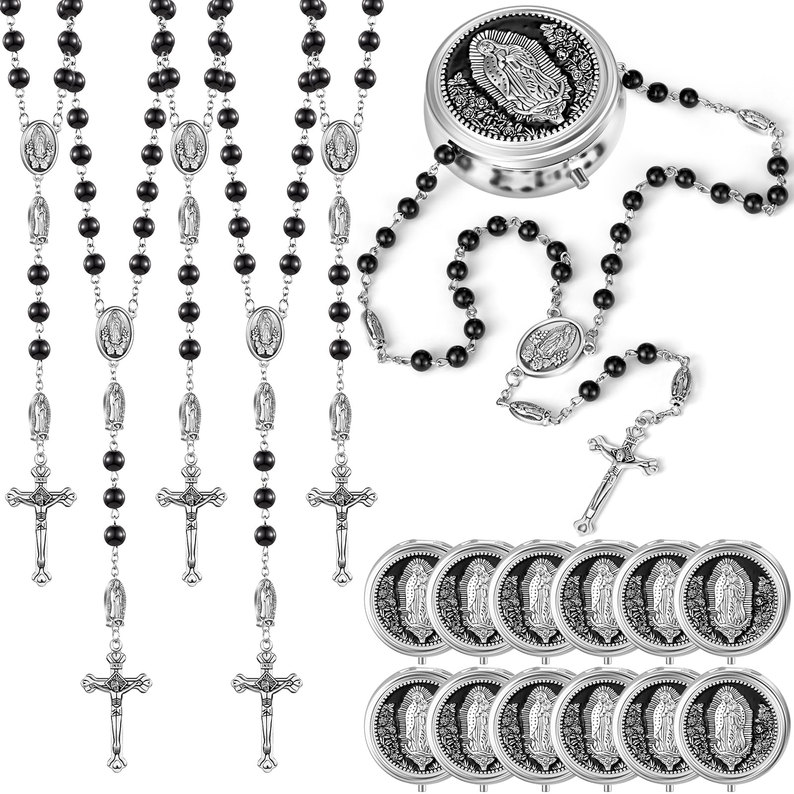 Jadive 24 Sets Catholic Rosary Necklace 6mm Glass Pearl Beaded Necklace with Metal Gift Box for Women Men Prayer Gift