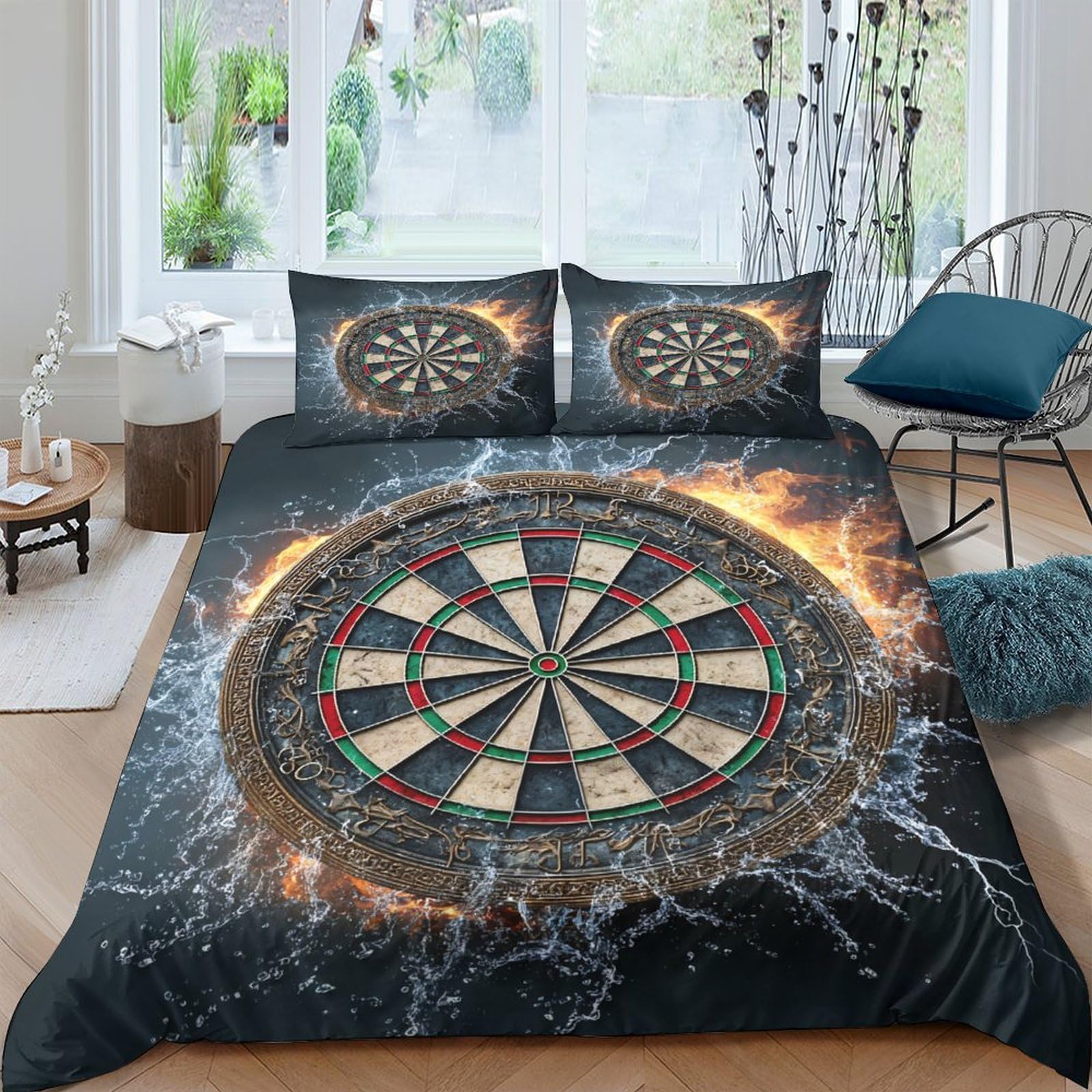 TUFRTGYHN 3D Printed Dartboard Duvet Cover Microfiber Soft Breathable Fire Splash Bedding Set with 2 Pillowcases for Bedroom Decor Single（135x200cm）