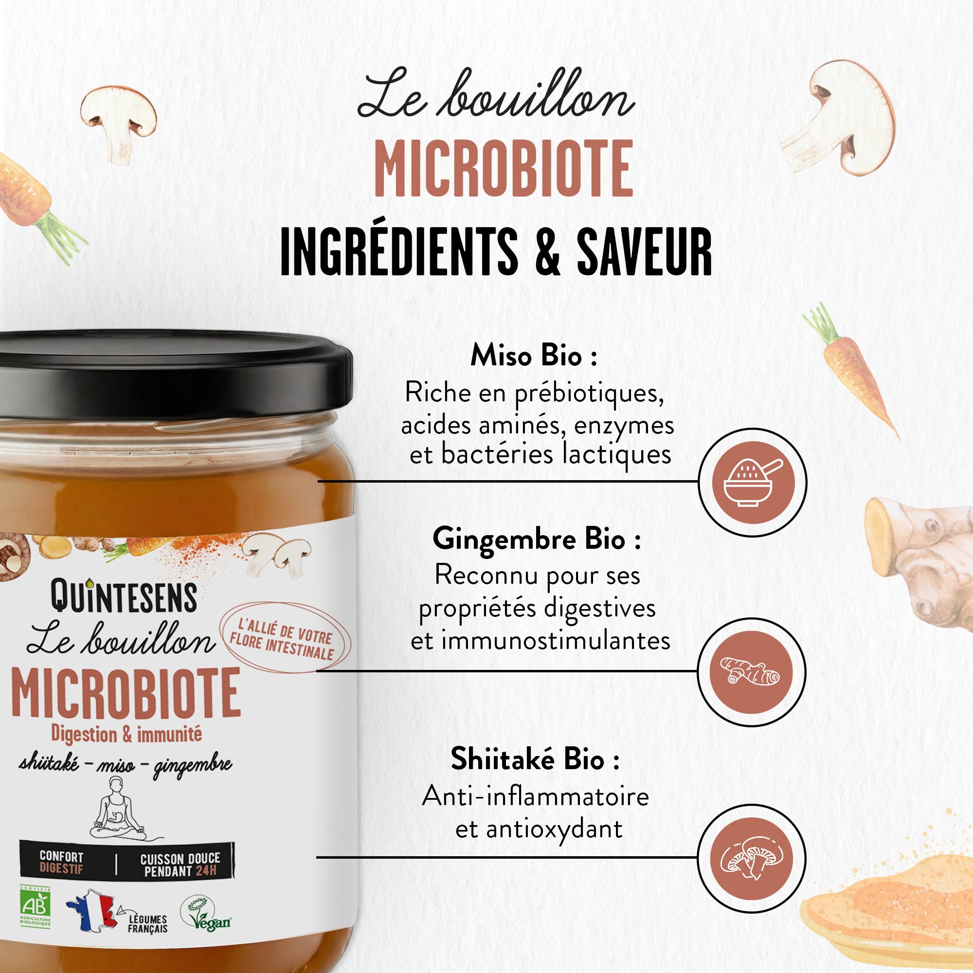 Lot de 3 Bouillons Microbiote QUINTESENS 515 ml – Équilibre Flore Intestinale & Digestion – Miso, Gingembre & Shiitaké – Confort Digestif – 100% Bio & Végan – Cuisson Douce 24h