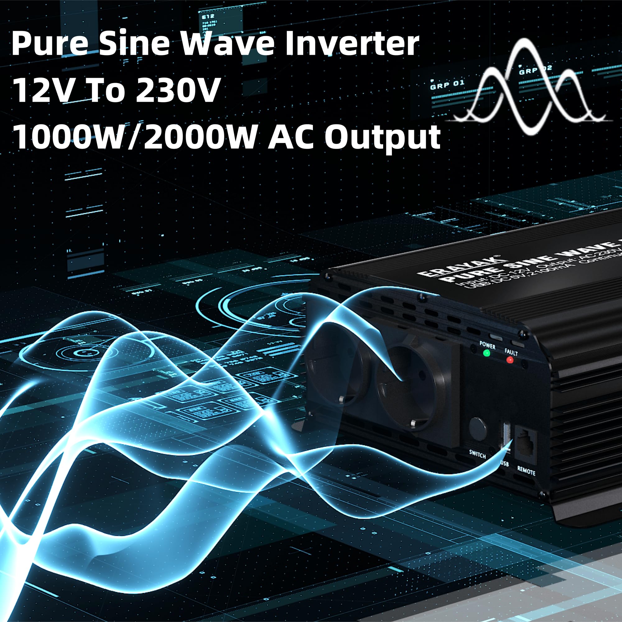ERAYAK Inversor 12v 230v Onda Pura 1000W/2000W Convertidor de Corriente Conversor 12v a 220v Transformador con Control Remoto para Coche Camion (DSU1000)