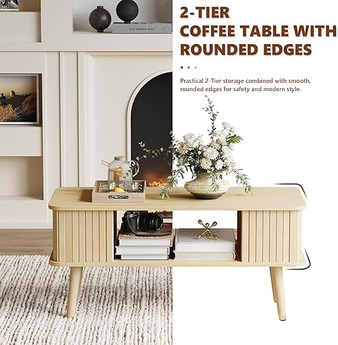 Miniatura 6 de LAZZO Mesa auxiliar con mesa central de almacenamiento para sala de estar, mesa de centro rectangular con bordes redondeados, fácil montaje, madera