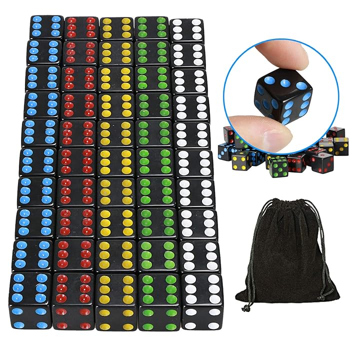 Buy YOUSHARES 50 Pack D6 Game Dice Set with Pouch 16mm Black Color 6