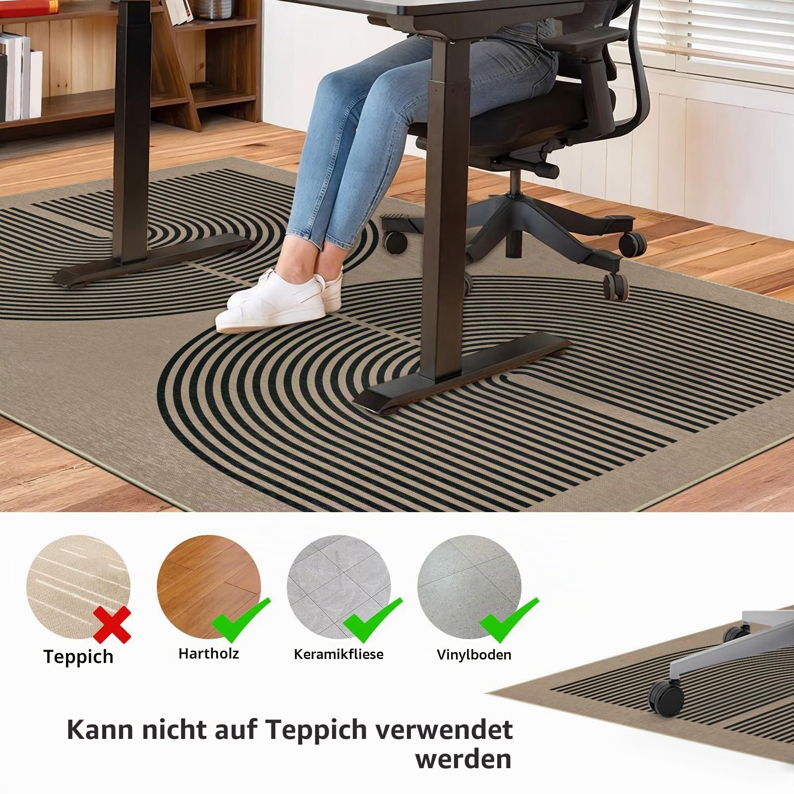120x150cm Regenbogen Bürostuhlmatte für Teppich, Rutschfeste Bodenschutzmatte Bürostuhl, Dünne Schreibtischstuhl Unterlage Für Holzböden, Bürostuhlunterlage für Homeoffice, Gaming & Yoga,Schwarz