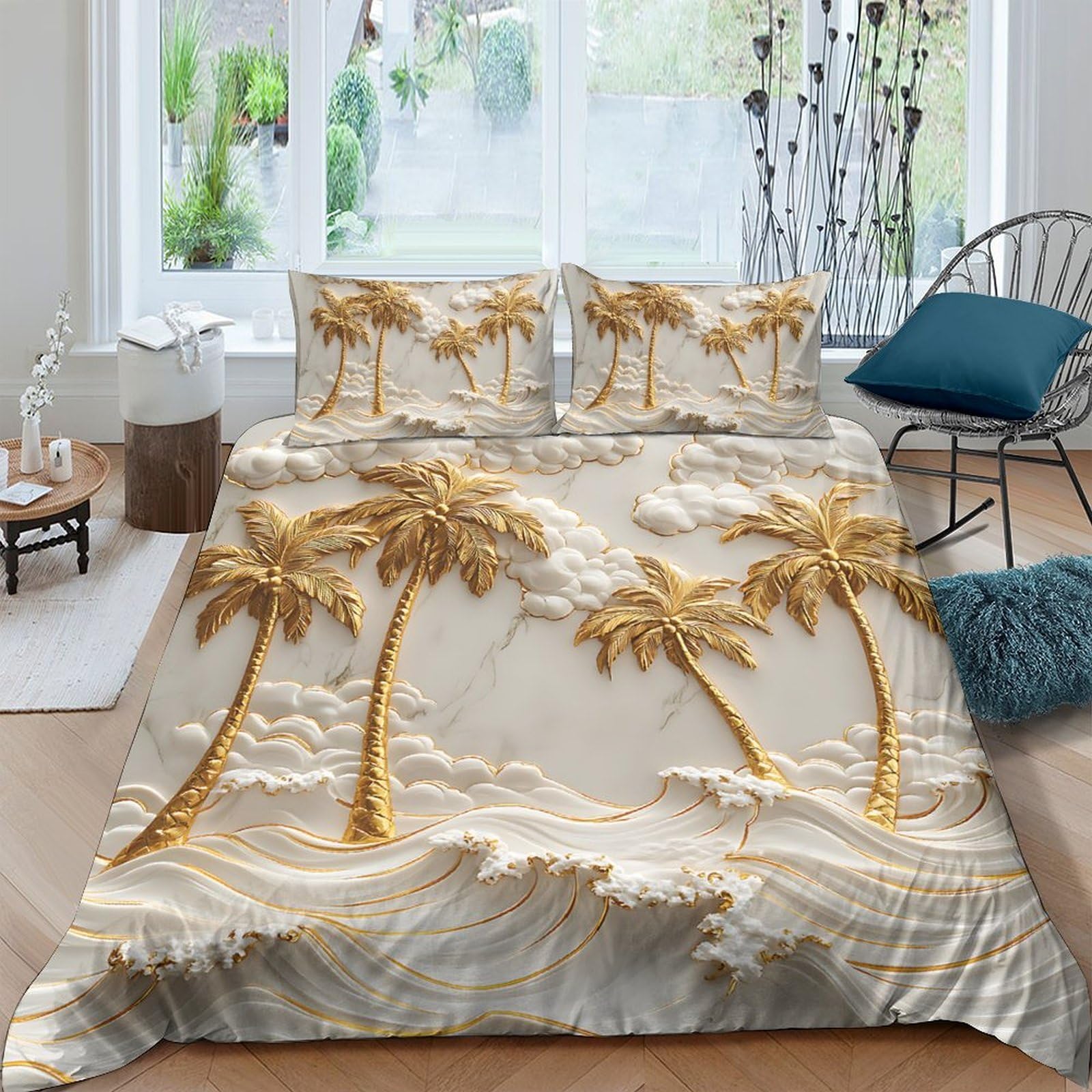 Ctjqhvkz Style-3 3D Printed Golden Palm Tree Fitted Sheet Microfiber Soft Beach Sunset Bed Cover For Bedroom Guest Room Decor Single（135X200cm）