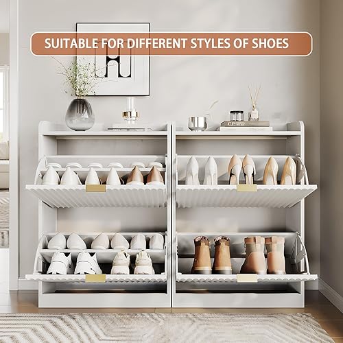 Miniatura 4 de Juego de 2 gabinetes de zapatos estriados para entrada, gabinetes de zapatos delgados y estrechos con 2 cajones abatibles y estantes ajustables,