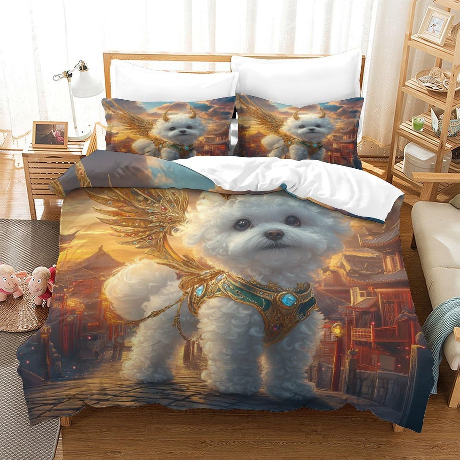 ali di cane fantasy Impressione 3D 3 pz cover piumone fantasia di animali domestici mitologici fodera per edredone microfibra morbida antiacari per bambini ragazzi donne King（220x240cm）