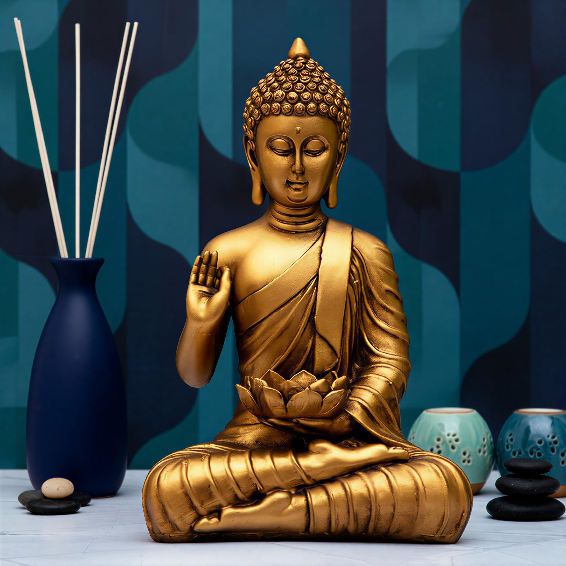 New Meditating Sitting Buddha Statue showpiece Idol Home Decor Items for Living Room and Gifts (Golden 4, Medium)