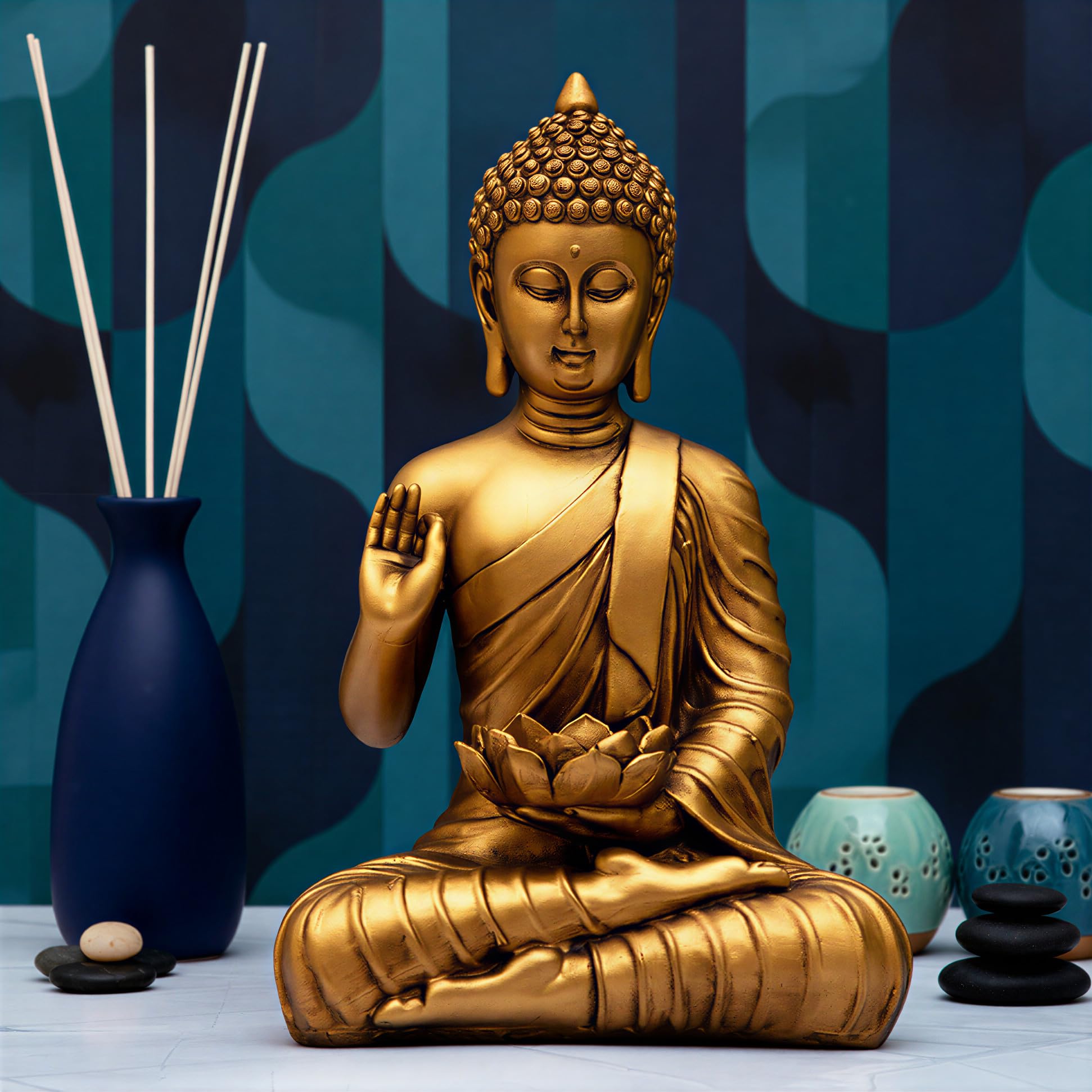 New Sitting Buddha Statue showpiece Idol Home Decor Items for Living Room and Gifts (Golden 4)