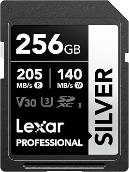 Lexar 256GB SD Card Silver, Up to 205MB/s Read, 140MB/s Write, SDXC UHS-I Memory Card, Class 10, U3, V30, SD Card for Professional Photographers, Videographers, Enthusiasts