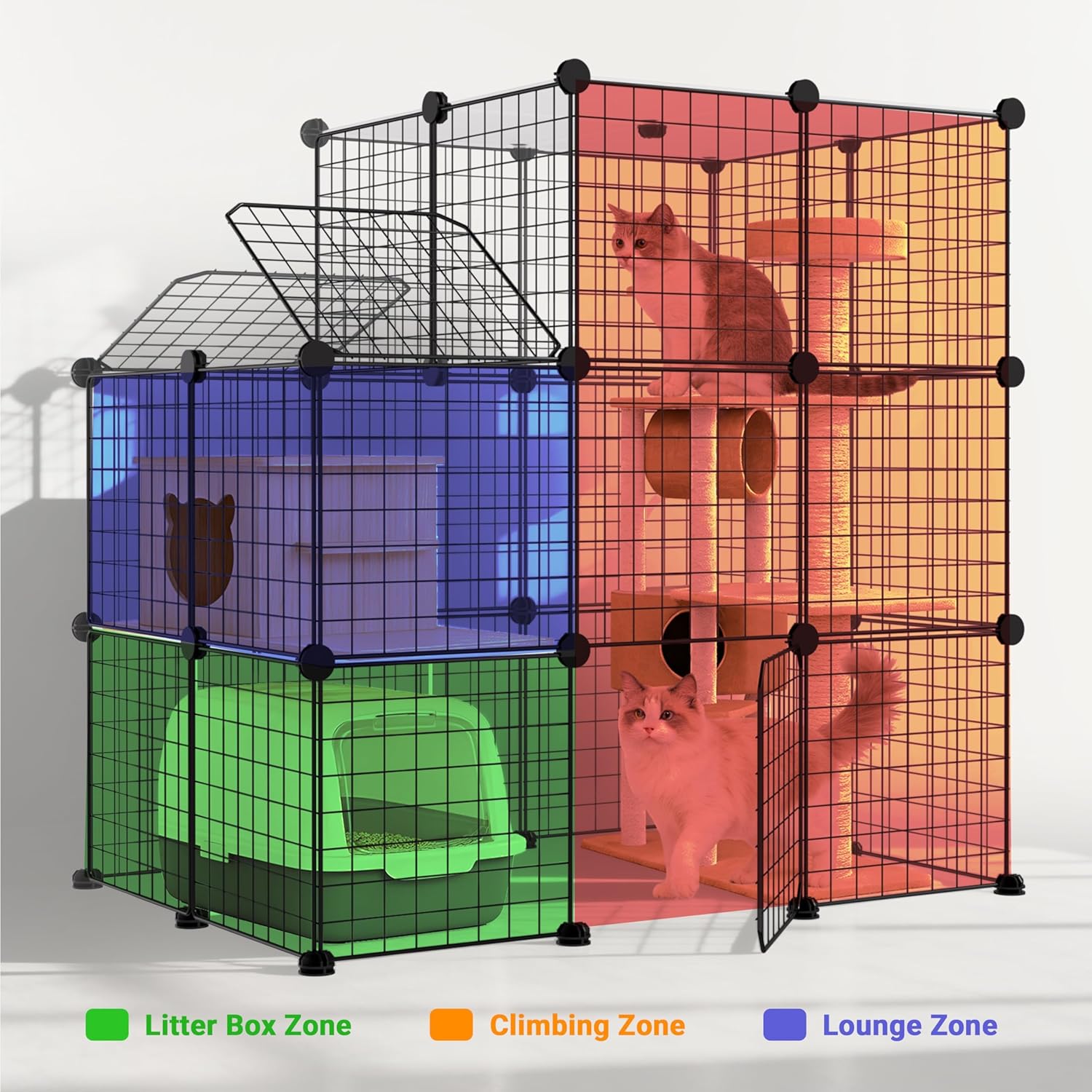 3-Tier DIY Indoor Cat Cage with Skylight, Accommodates Multiple Pets; Foldable Large Cat Cage Enclosure (with Litter Box Area); 43.7-Inch Metal Wire Cat Bed Habitat