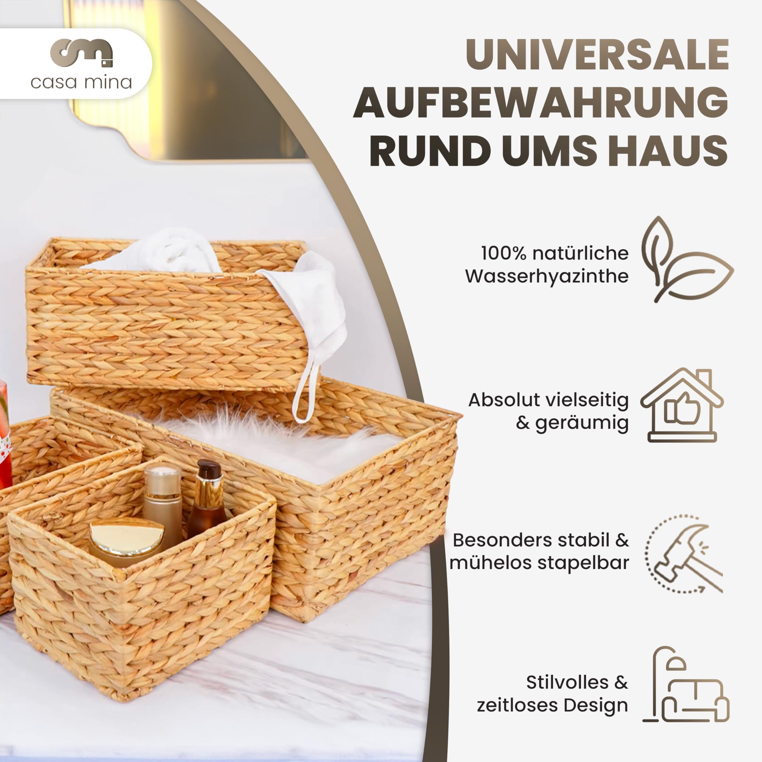 Casa Mina Korb Aufbewahrung 4er Set (L+M+2xS) 100% natürlich aus Wasserhyazinthe I Dekorative Körbe Aufbewahrung für jeden Raum I Aufbewahrungskorb mit robustem Metallgestell