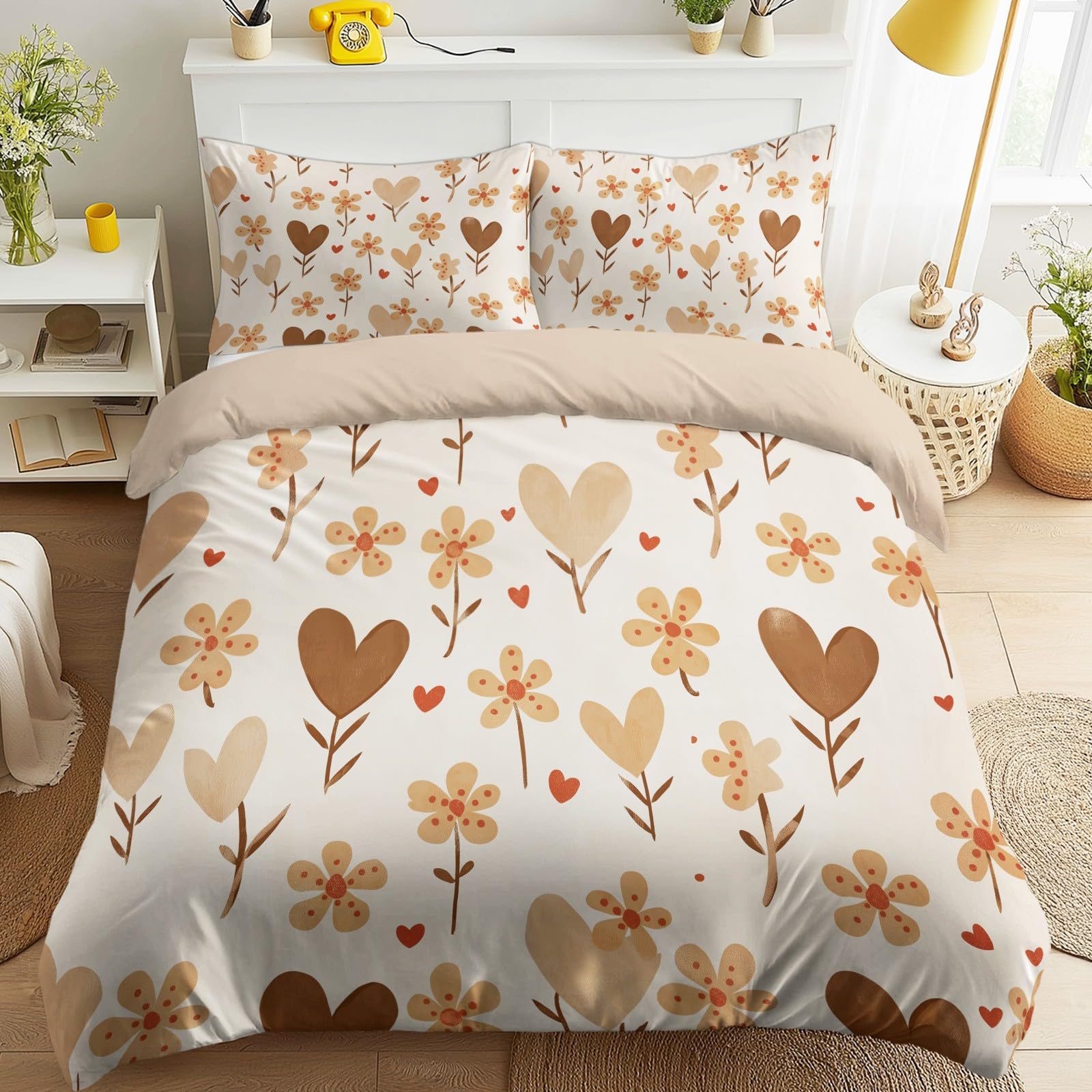 Housse de couette romantique et tendre parure de lit beige 200 x 200 cm style cœur et fleurs